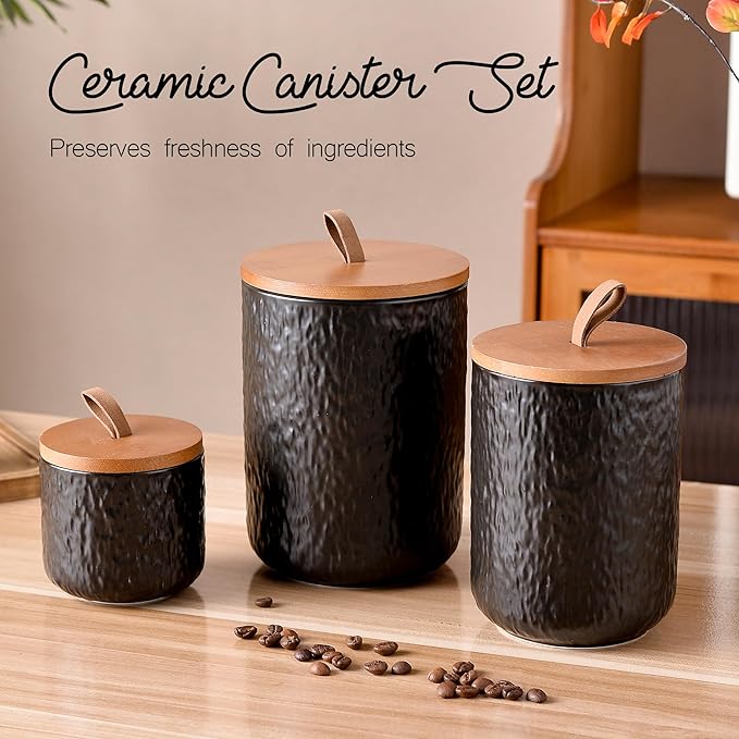 JOJUNO Black Ceramic Canister Set with Wooden Lid, 3-Piece Airtight Food Storage Jars for Kitchen Counter - Flour, Sugar, Coffee, Tea, Spice - Small, Medium, Large Sizes - Stone Texture