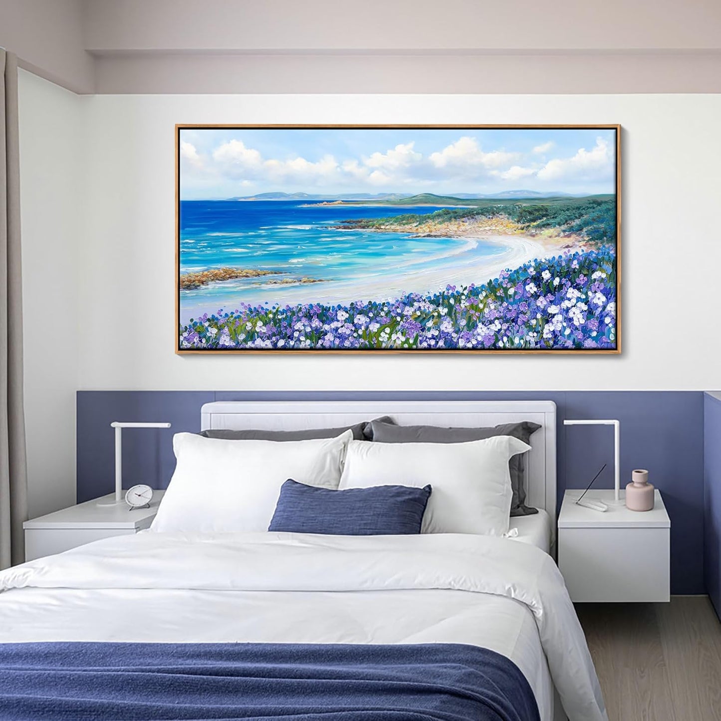 Mofutinpo Coastal Beach Wall Art,Large Purple Flower Landscape Canvas Wall Art for Living Room & Bedroom Decor, Framed Blue Beach Pictures & Paintings for Walls,Ocean Artwork for Home & Office 24x48IN