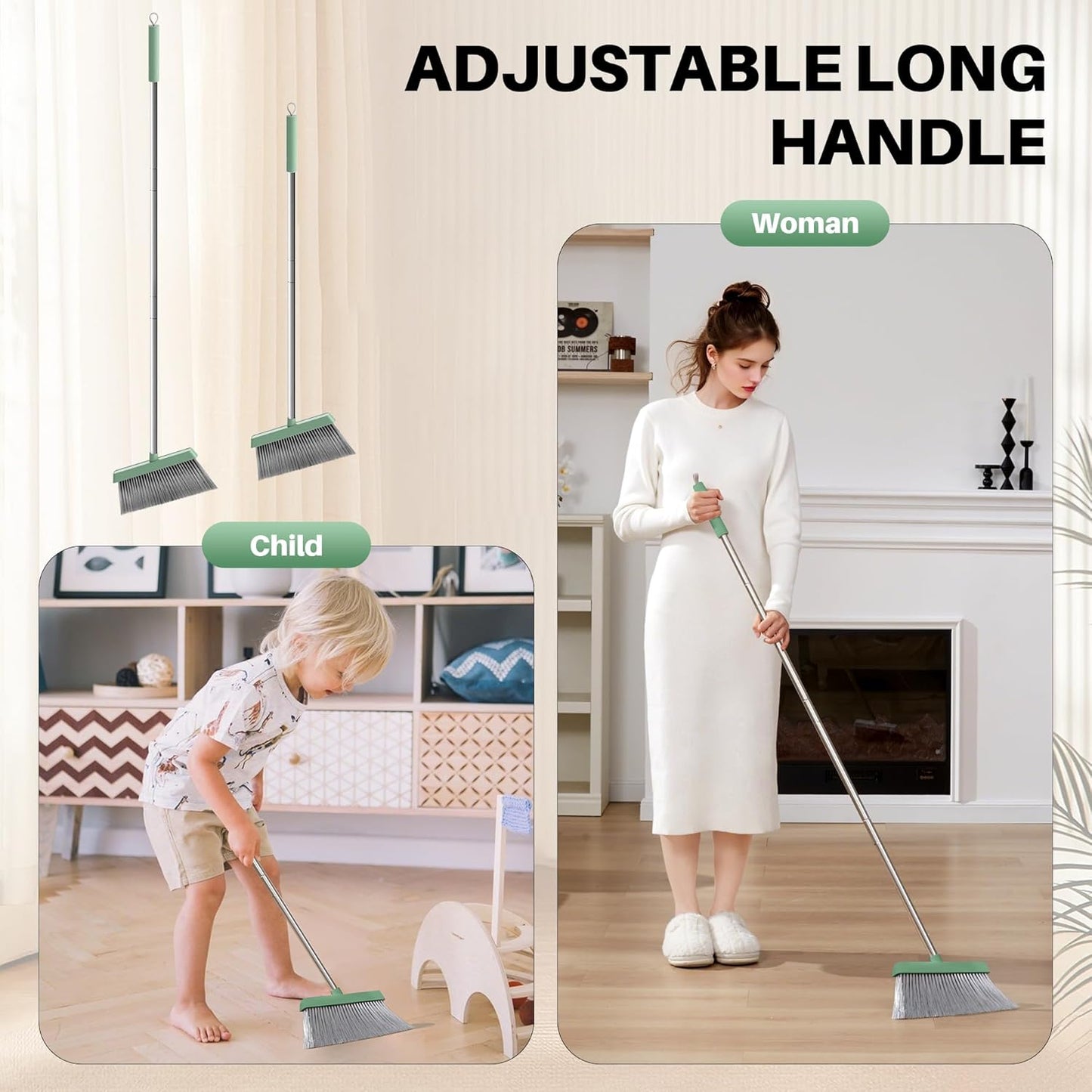 JOYMOOP Dark Teal Green Broom and Dustpan Set with 56” Handle, Upright Angle with Comb Teeth for Pet Hair and Hardwood Floors