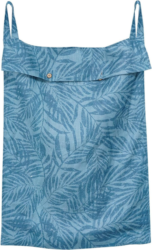 Linen Hanging Laundry Bag, 100% Linen Leaf Print Over The Door Laundry Hamper with Buttons and Zipper, Space Saving Door Hampers for Laundry Dirty Clothes Home Travel, Blue, 19.7x27.5inches