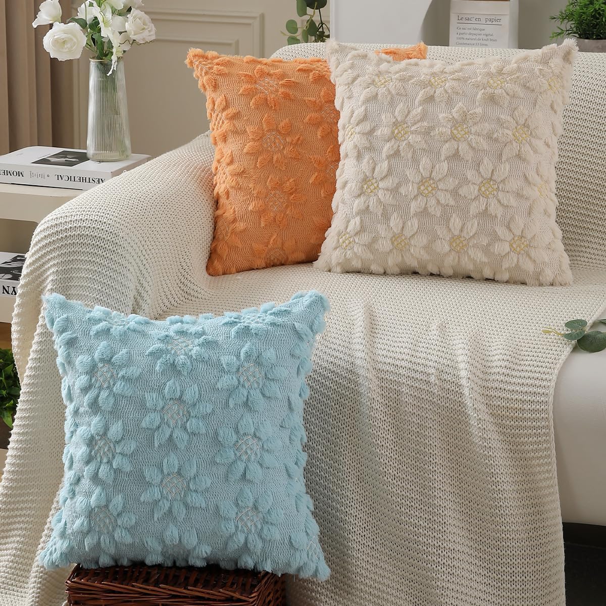 DFXSZ Spring Summer Pillow Covers 16x16 inch Set of 2 Farmhouse Decor White Flower Heart Sunflower Blue Soft Plush Faux Fur Jacquard Throw Pillows for Sofa Holiday Spring Home Decor PTK024G16