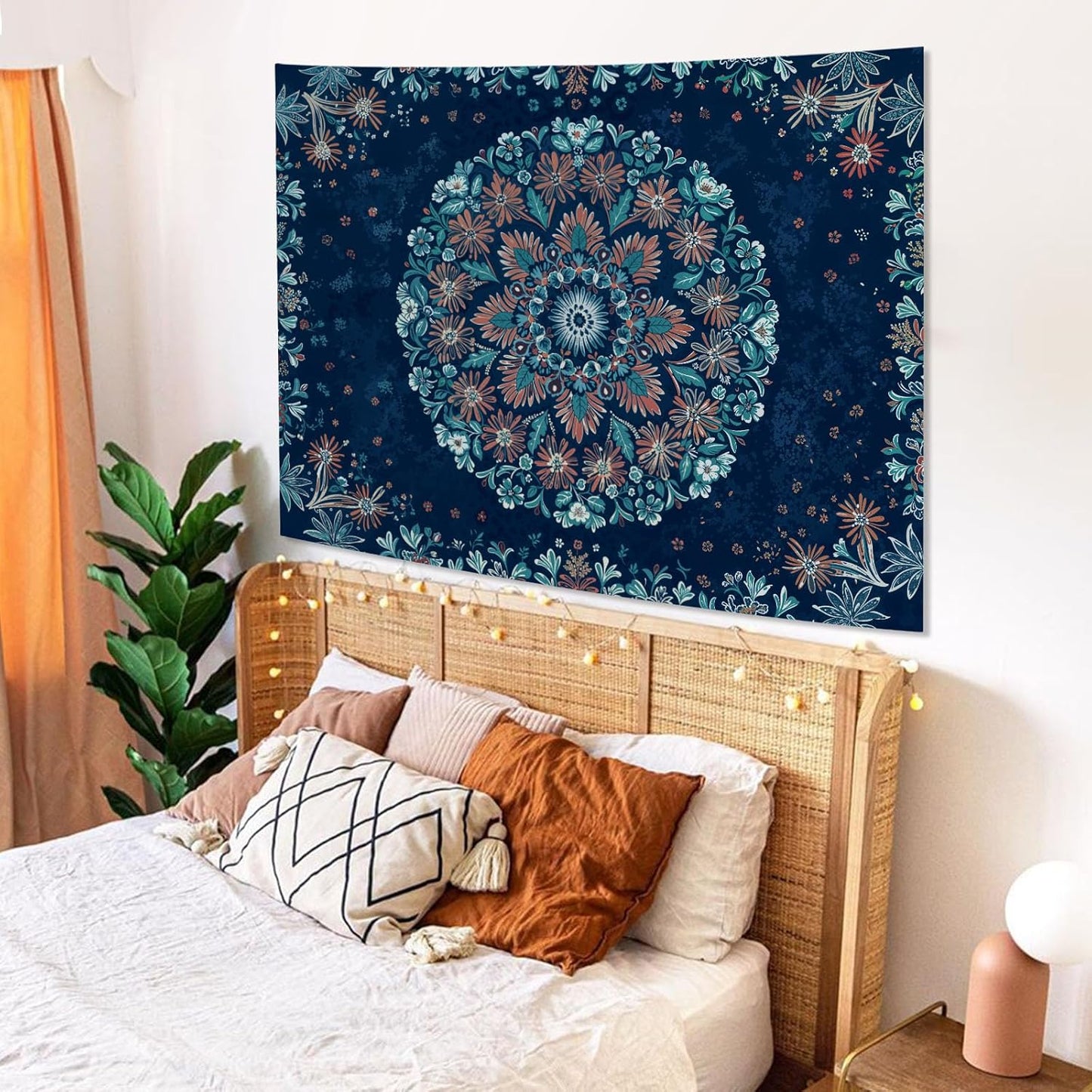 Fowocu Boho Floral Mandala Tapestry Wall Hanging Blue Bohemian Flower Medallion Tapestry Aesthetic Vintage Navy Hippie Indian Small Tapestries for Bedroom Living Room Dorm Decor 40 x 30 Inch