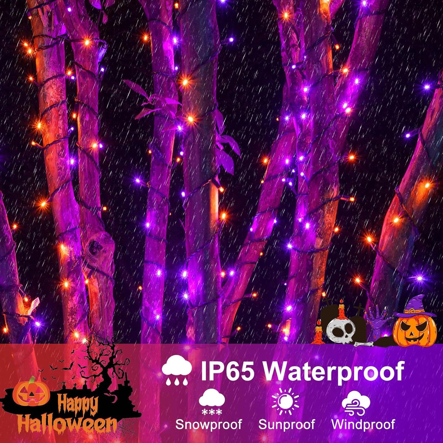 Purple and Orange Halloween Lights, 100FT 300 LED String Lights for Outside with 8 Modes Waterproof, Plug in Green Wire Twinkle Light for Indoor Tree Patio Garden Party House Holiday Decor