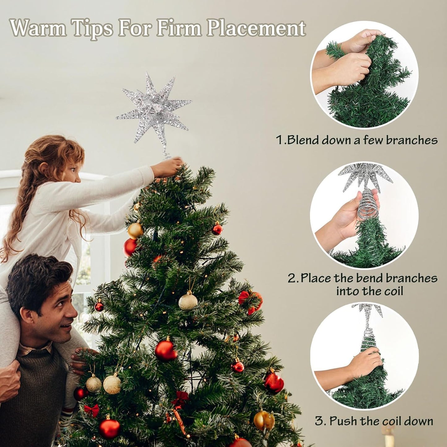 Christmas Star Tree Topper Silver, 3D Geometric Star Decorative Tree Topper with Warm White 50 LED Light Beads for Home Holiday Xmas Tradition Moravian Decor, Timer Function 5m Cable