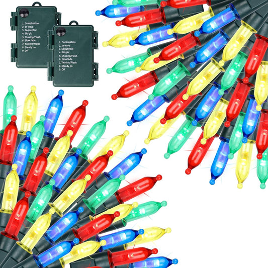 Joliyoou 2 Packs Total 100 LEDs 32ft Multicolored Christmas String Lights, Battery Operated Christmas Mini String Lights with 8 Lighting Modes, Indoor Outdoor LED Xmas Fairy String Lights with Timer