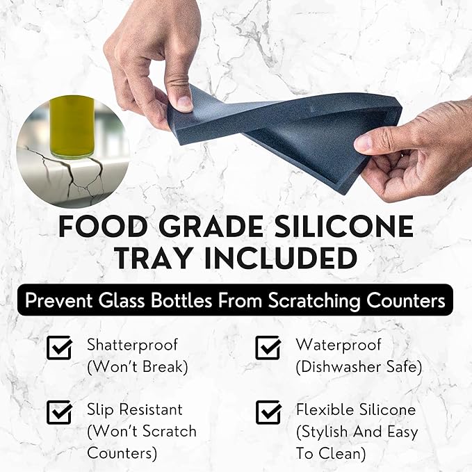 Olive Oil Dispenser Bottle For Kitchen With Silicone Tray & 40 Labels, Soy Sauce Dispenser, Coffee Syrup Dispenser, Olive Oil Bottles Set Of 2, Black