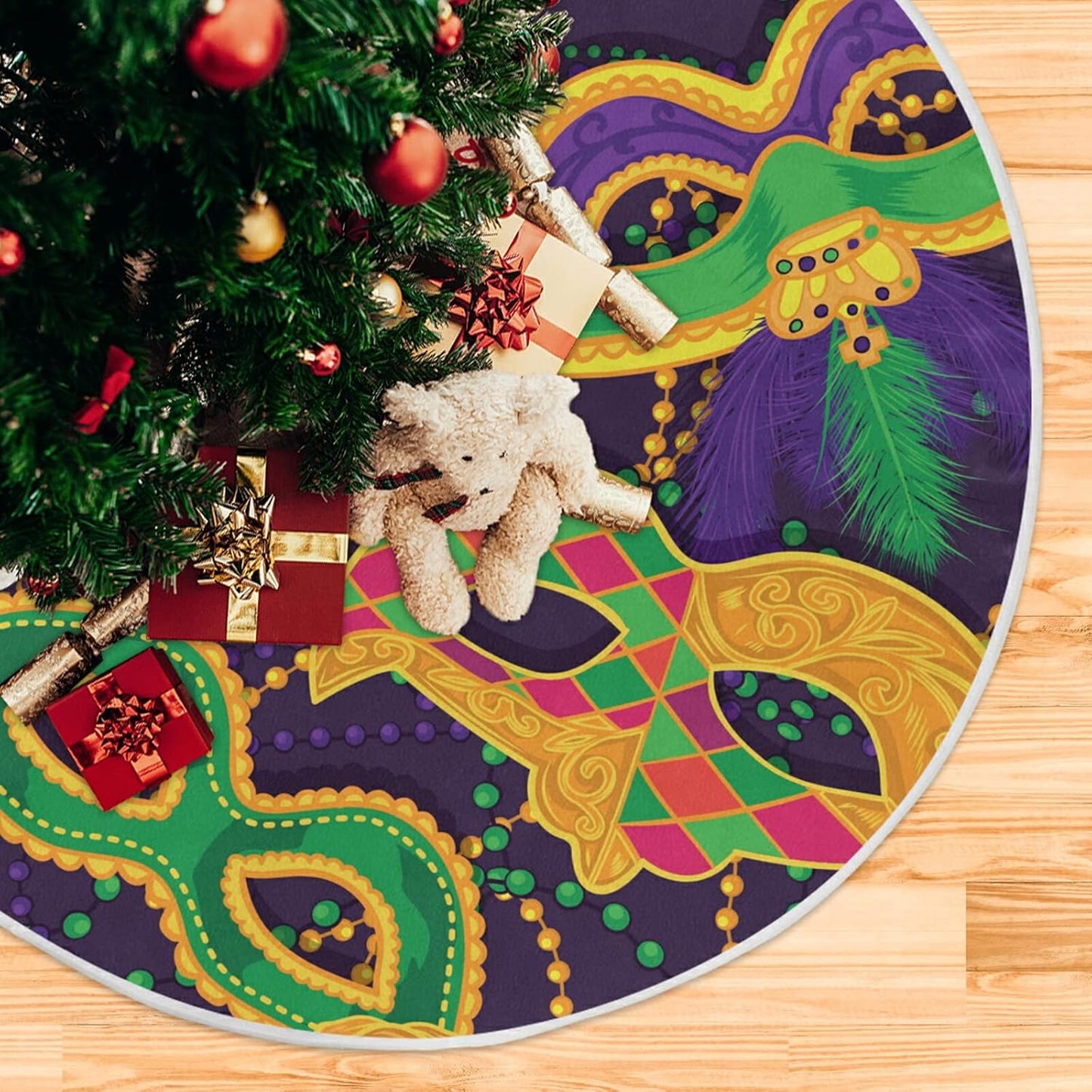 Mardi Gras Colorful Mask Tree Skirt, Seasonal Tree Mat Holiday Party Supplies Ornaments Indoor Outdoor Decorations for Tabletop Trees 47.2 Inches