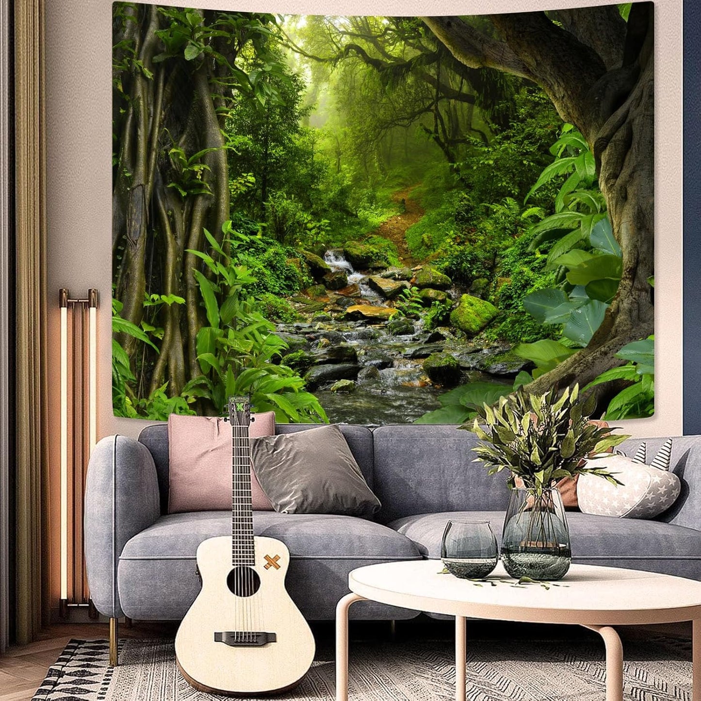 AMM Green Rainforest Tapestry Nature Forest Tapestry for Bedroom Aesthetic Misty Tropical Jungle Trees Flowing Stream Landscape Tapestries Wall Hanging for Living Room Dorm 60 x 44 Inch