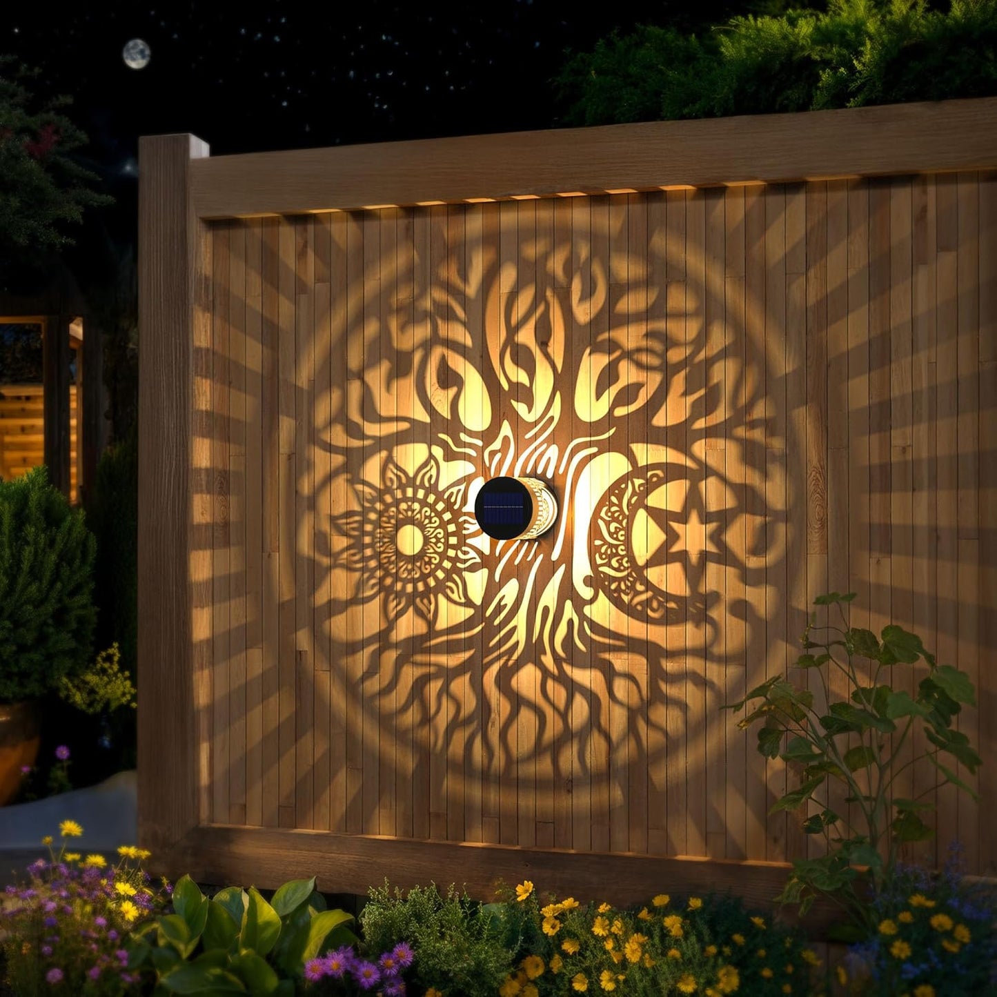 2 Pack Large Solar Fence Lights Metal Solar Powered Outdoor Wall Deck Step Lights Tree Theme Waterproof Fence Light for Garden Post Patio Backyard Yard Decor, Gardening Gifts for Women Mom Grandma