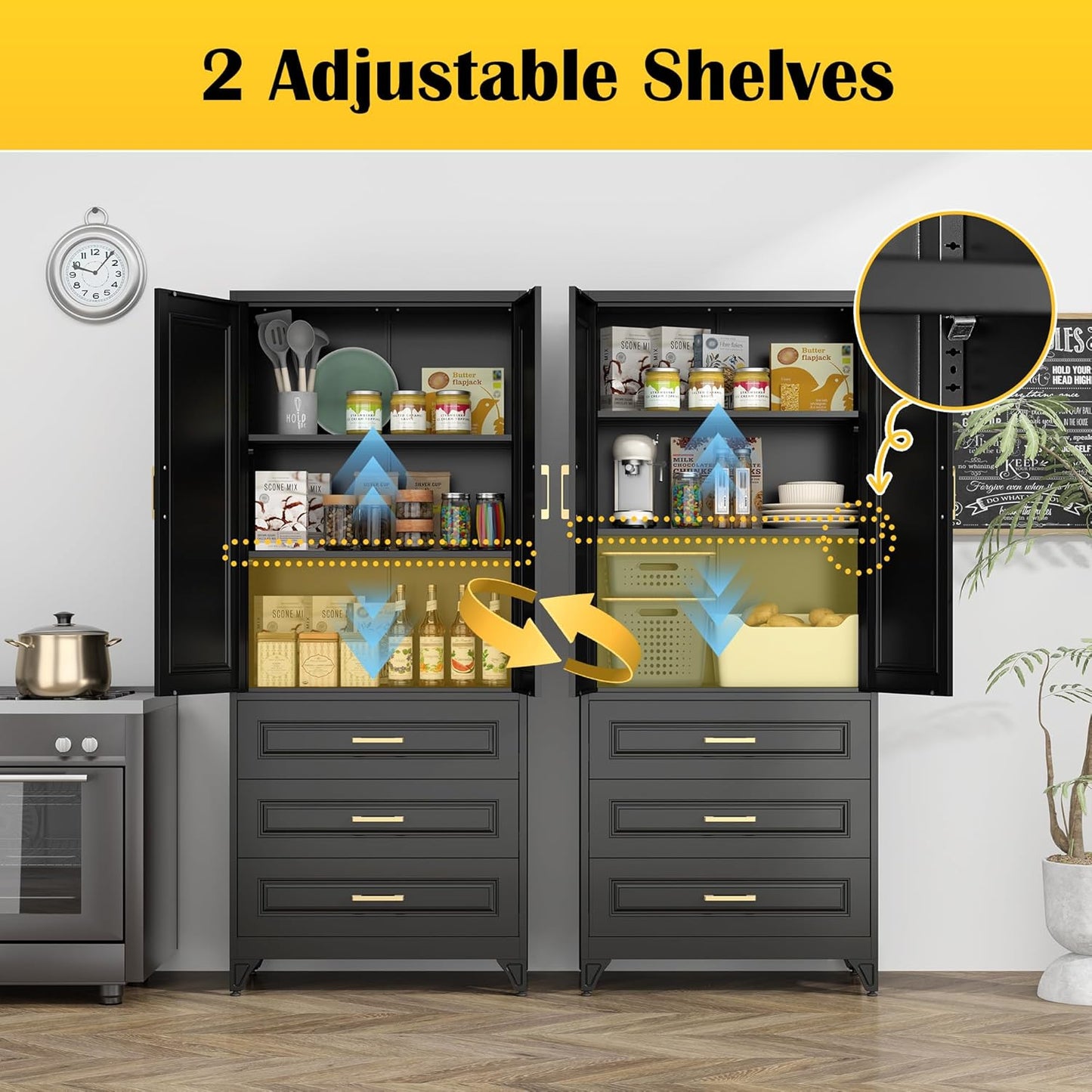 75" Kitchen Pantry Cabinet with 3 Drawers,Metal Storage Cabinets with Doors and 4 Adjustable Shelves,Black Kitchen Cabinet with 2 Gold Handles,Food Cupboard for Livingroom, Bathroom,Pantry