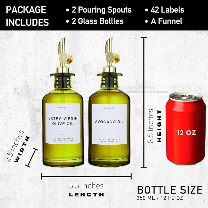 Green Glass Olive Oil Dispenser Bottle For Kitchen By Verpsace,Avocado Oil Dispenser Set, Modern Decor, Gold Kitchen Accessories for Home, Airbnb, Cafe (Gold, Set of 2)