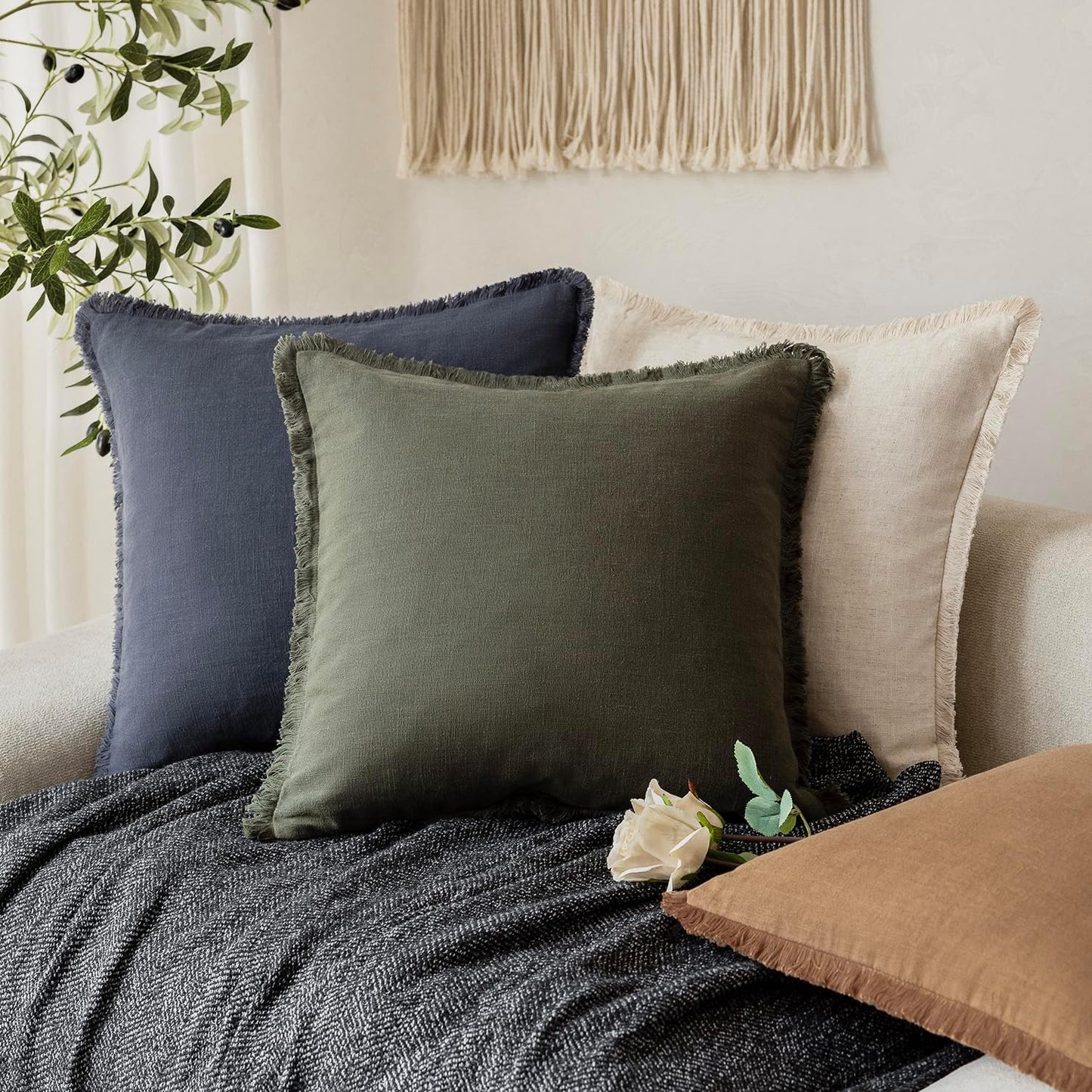 Foindtower Set of 2 Decorative Linen Fringe Throw Pillow Covers Cozy Farmhouse Cushion Cover with Tassels Accent Pillowcase for Couch Chair Sofa Bed Living Room Home Decor,20×20 Inch,Dark Olive Green