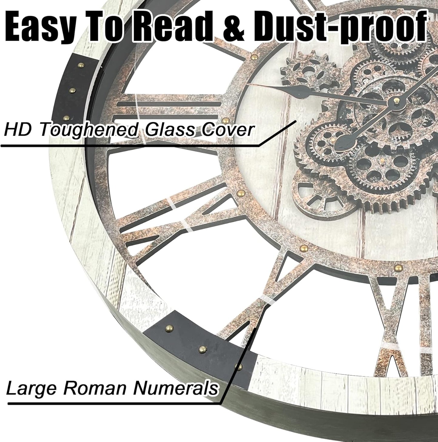DORBOKER 24" Large Wall Clock with Moving Gears,Oversize Vintage Industrial Rustic Farmhouse Clocks for Living Room Decor Office Home,Solid Wood Retro Metal HD Tempered Glass Cover,Desert Beige