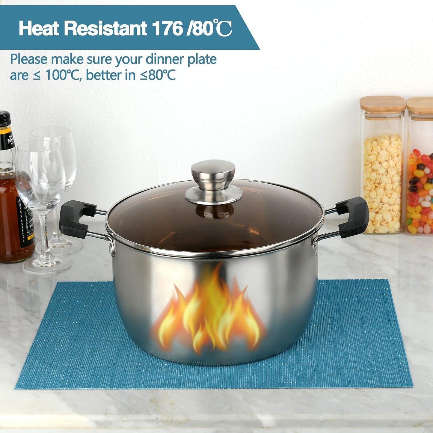 Vinyl Placemats Set of 6 - Easy Clean Place Mats - Washable Heat Resistant Table Mats for Dining Table - 17x12 Inch (Sky Blue Turquoise, 6)