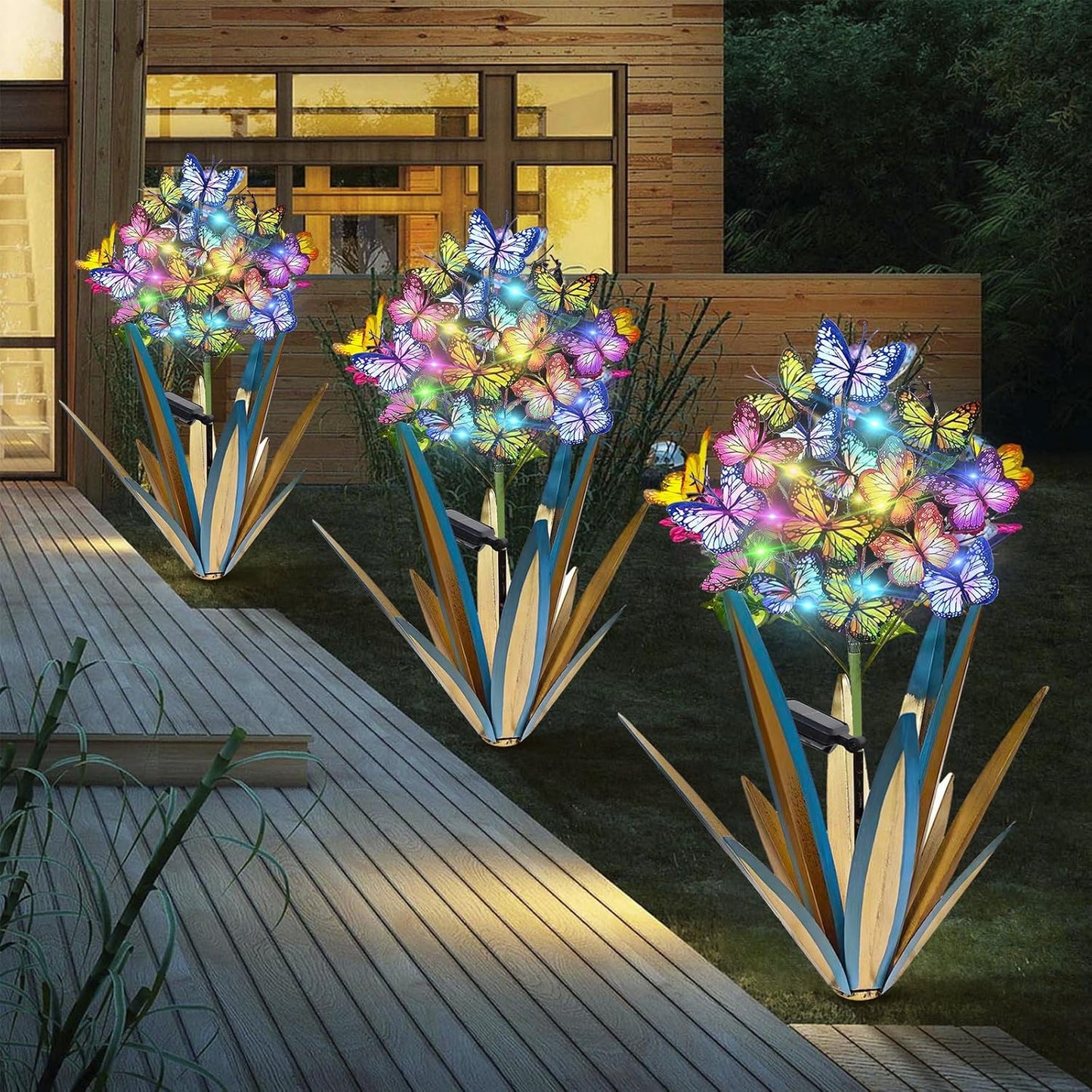 Homight Solar Metal Agave Butterfly Flower Stick Garden Sculpture - Outdoor Christmas Lights With Swaying Butterfly Sunflower - Solar Outdoor Gift (3 PCS Blue)