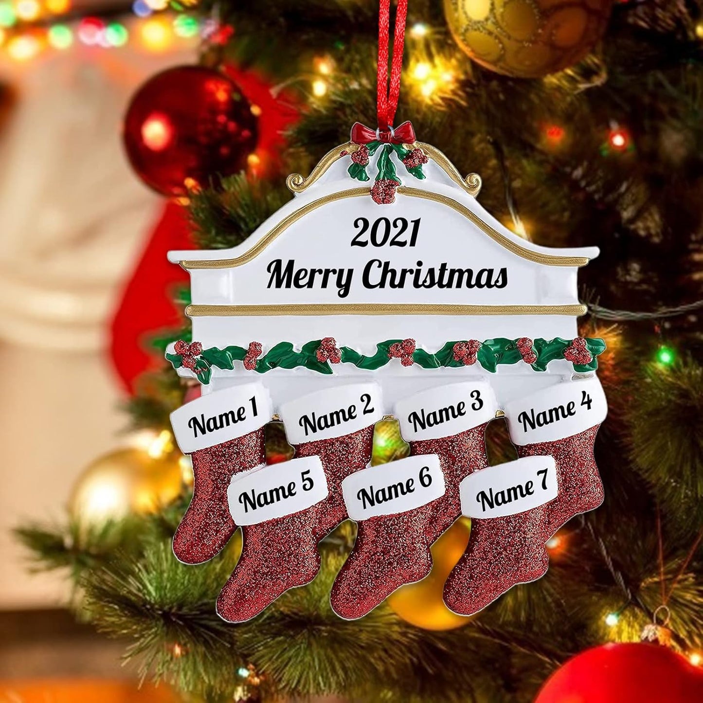 Personalized Christmas Ornaments Family of 2,3,4,5,6,7,8 Custom Christmas Stocking Ornaments with Names, Customized Xmas Day Home Christmas Tree Decora- Family of 7