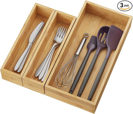 BAMEOS 3-Piece Bamboo Drawer Organizer, Utensil Organizer for Drawer, Junk Drawer Organizer for Kitchen Bathroom, Dressing Room, Office, Pantry (Natural)