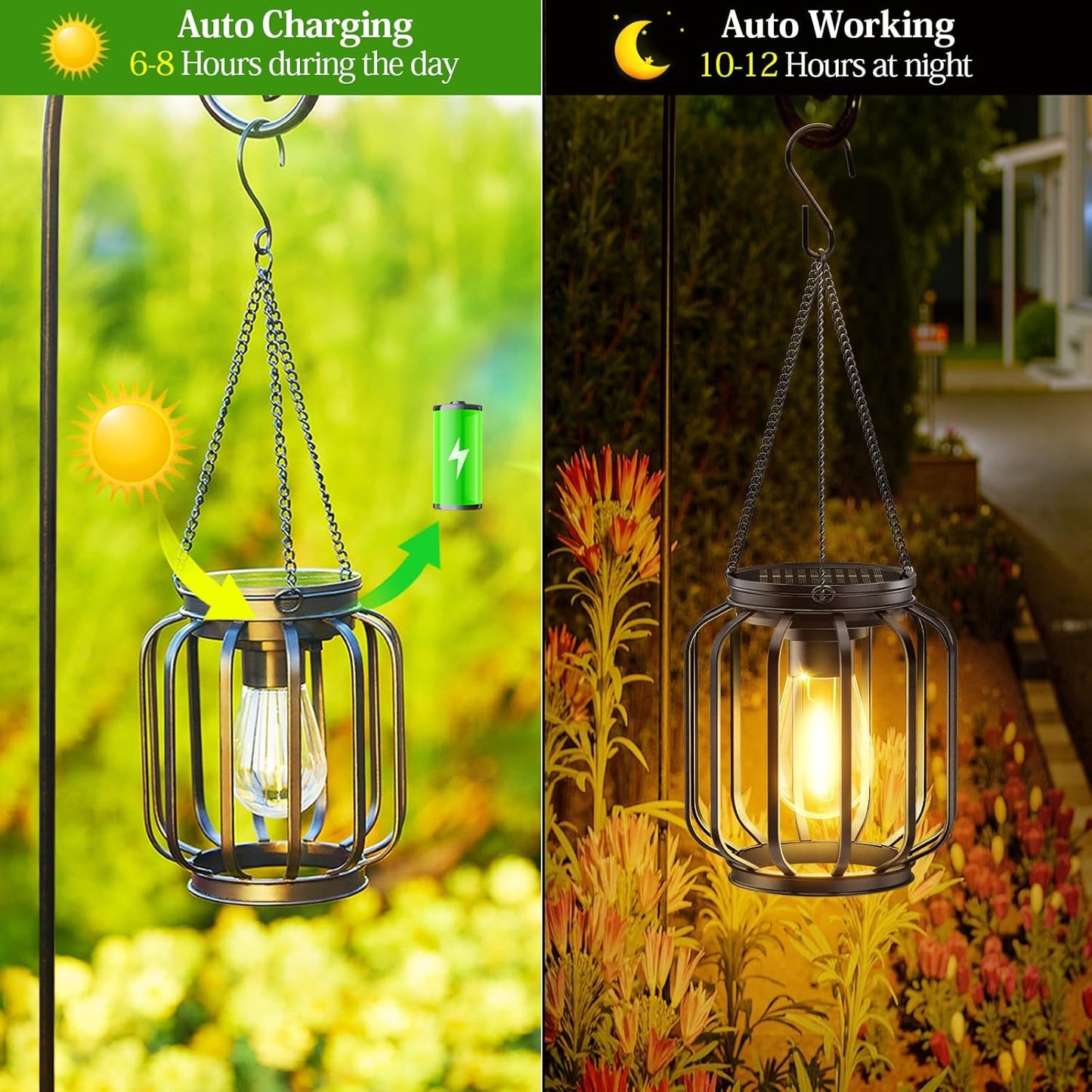 Solar Hanging Lanterns Outdoor: 2 Pack Metal Solar Hanging Lights with Hook, Bright - Warm Waterproof LED Lanterns for Outside, Classic Decorative Solar-Powered Light for Yard Garden Patio Porch Decor