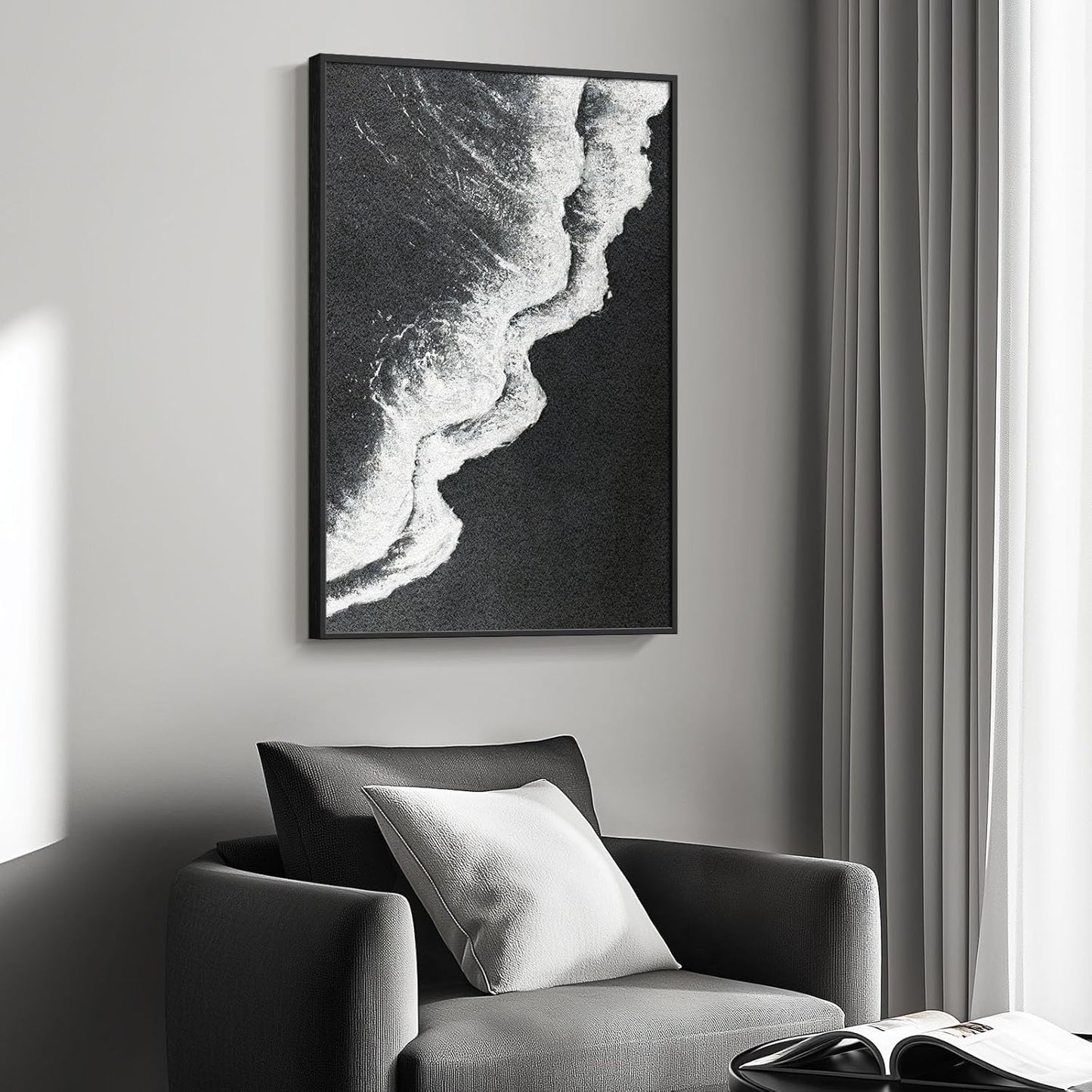 Framed Black and White Abstract Beach Canvas Wall Art, Modern Minimalist Art Prints Paintings Artwork for Walls, Ocean Wave Pictures for Living Room Dining Room Bedroom Bathroom Wall Decor 24x36 In