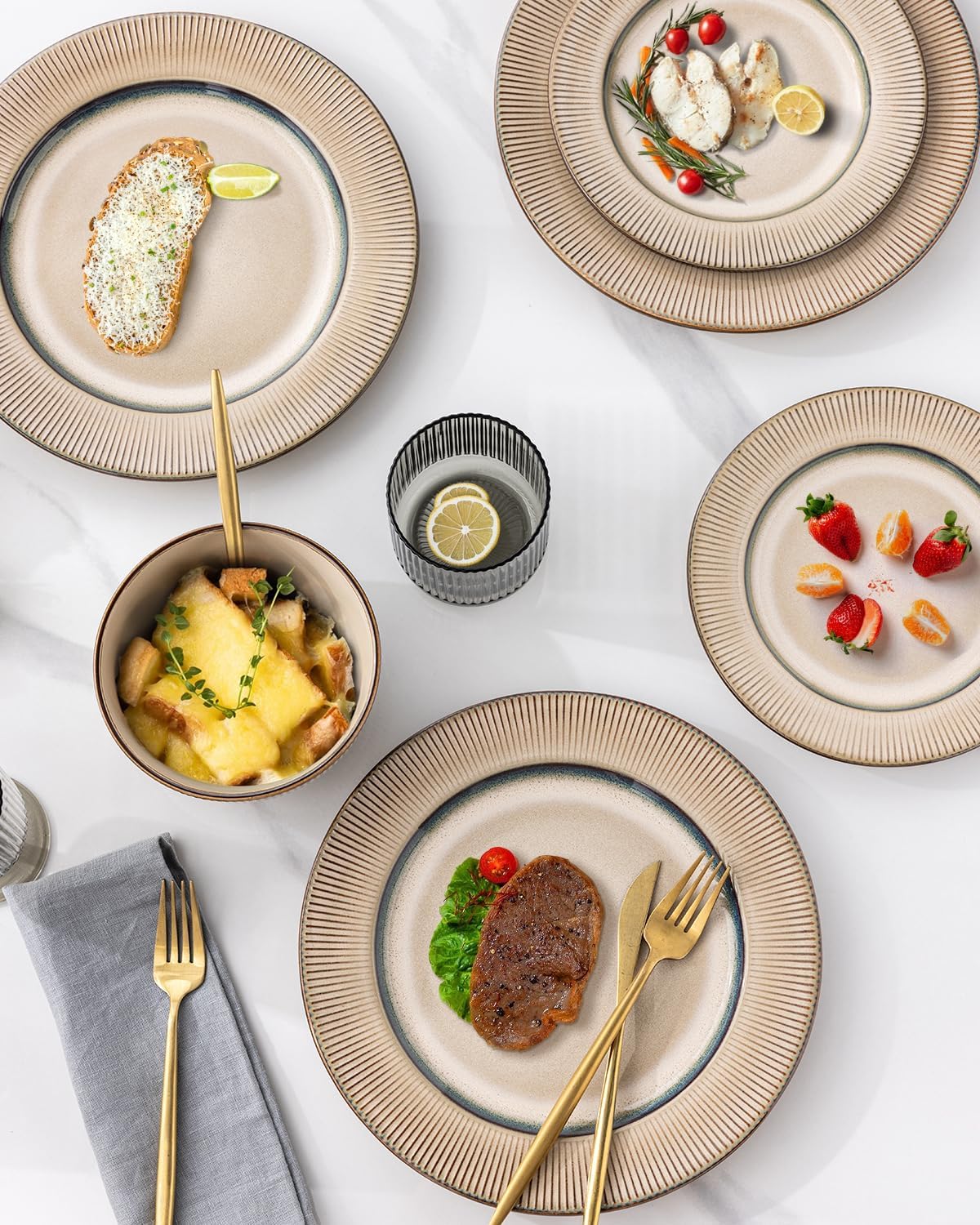 GBHOME Ceramic Dinnerware Sets,12 pcs Embossed Elegant Stoneware Plates and Bowls Sets, Housewarming Wedding Gift | Dishwasher & Microwave Safe | Dishes Set Service for 4