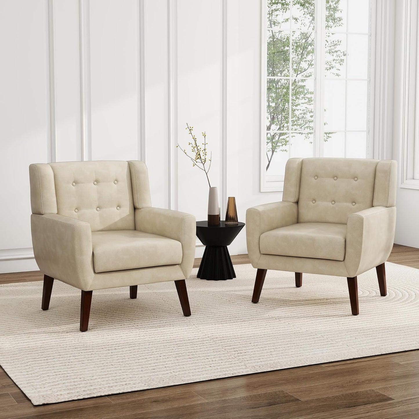 UIXE PU Leather Accent Chairs Set of 2, Modern Arm Club Chair Upholstered Armchair for Living Room, Comfy Single Sofa Seats Button Tufted Reading Seating, Cream