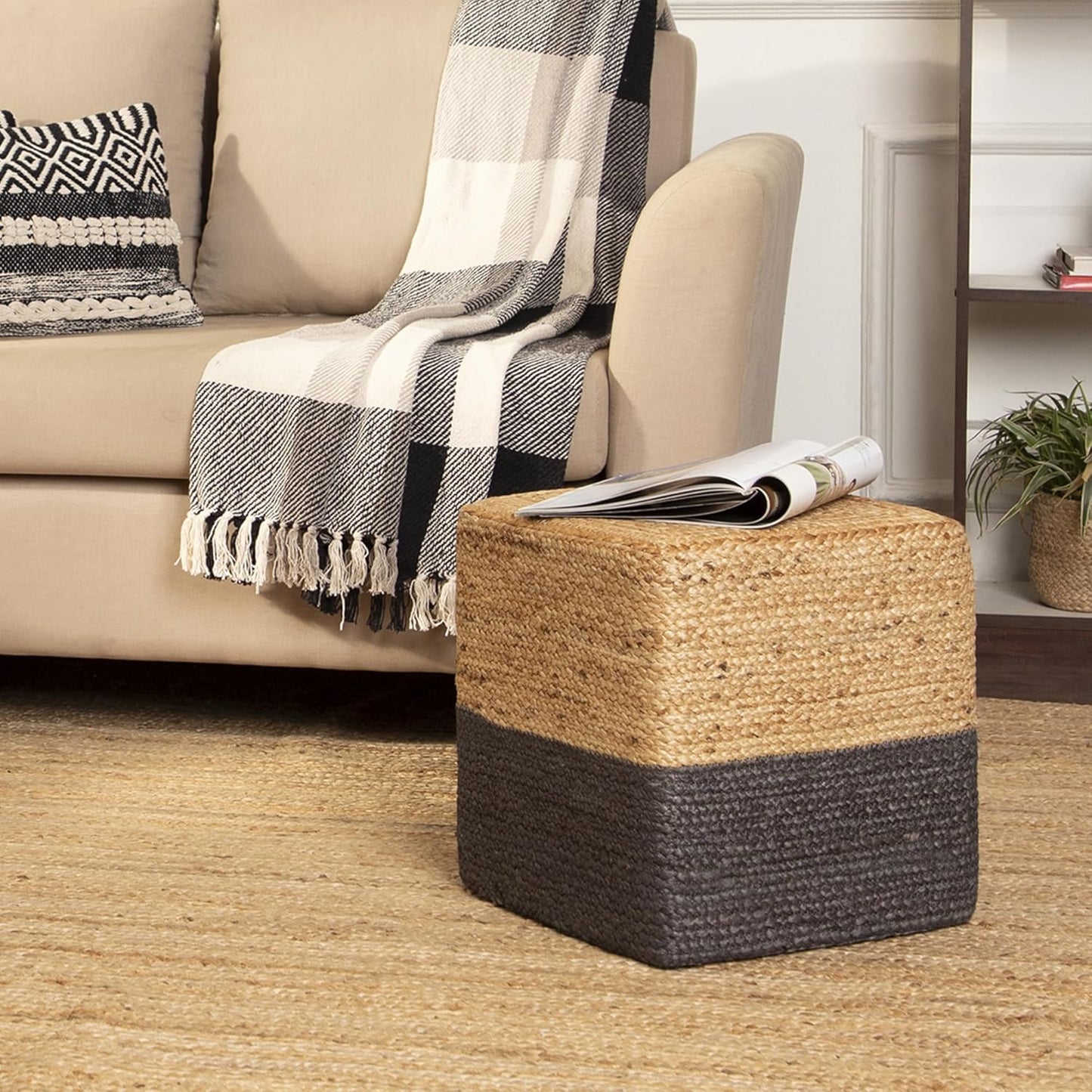 REDEARTH · Cube Pouf Foot Stool Ottoman - Jute Braided Pouffe Poof Accent Sitting Footrest for The Living Room, Bedroom, Nursery, Patio, Lounge & Other Rooms (14.5”x14.5”x16”; Natural Gray)