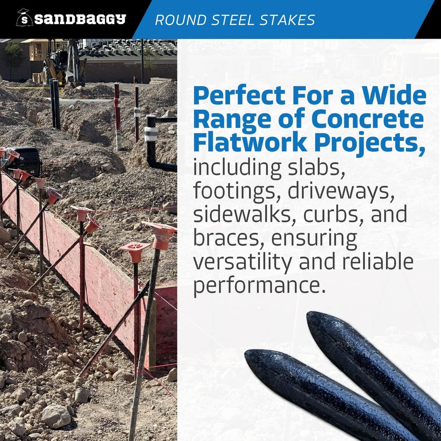 Sandbaggy Round Steel Concrete Form Stakes with Nail Holes - Rust Resistant Coating - Removable, Reusable (5, 3/4 in X 36 in)