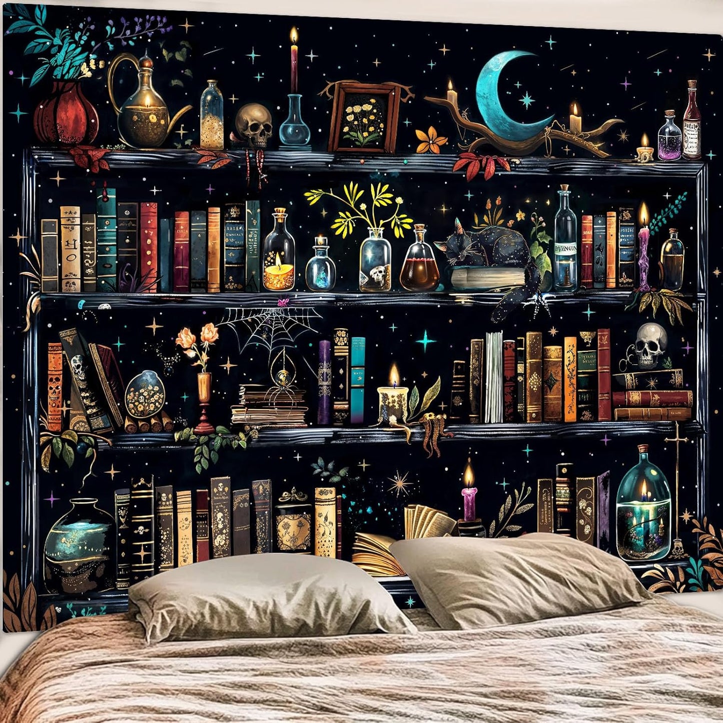 Accnicc Magic Bookshelf Tapestry Magical Witchy Potion Dark Hippie Haloween Tapestries Wall Hanging Gothic Skull Black Cat Library Book Tapestry for Bedroom Living Room Dorm 80 x 60 inch