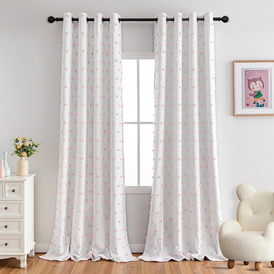 MYSKY HOME 100% Blackout Curtains for Living Room White Curtains 102 Inch Extra Long Total Light Block Girls Room Drapes Thermal Insulated Room Darkening Pink Pom Pom Sheer Grommet 2 Pieces 52 Wide