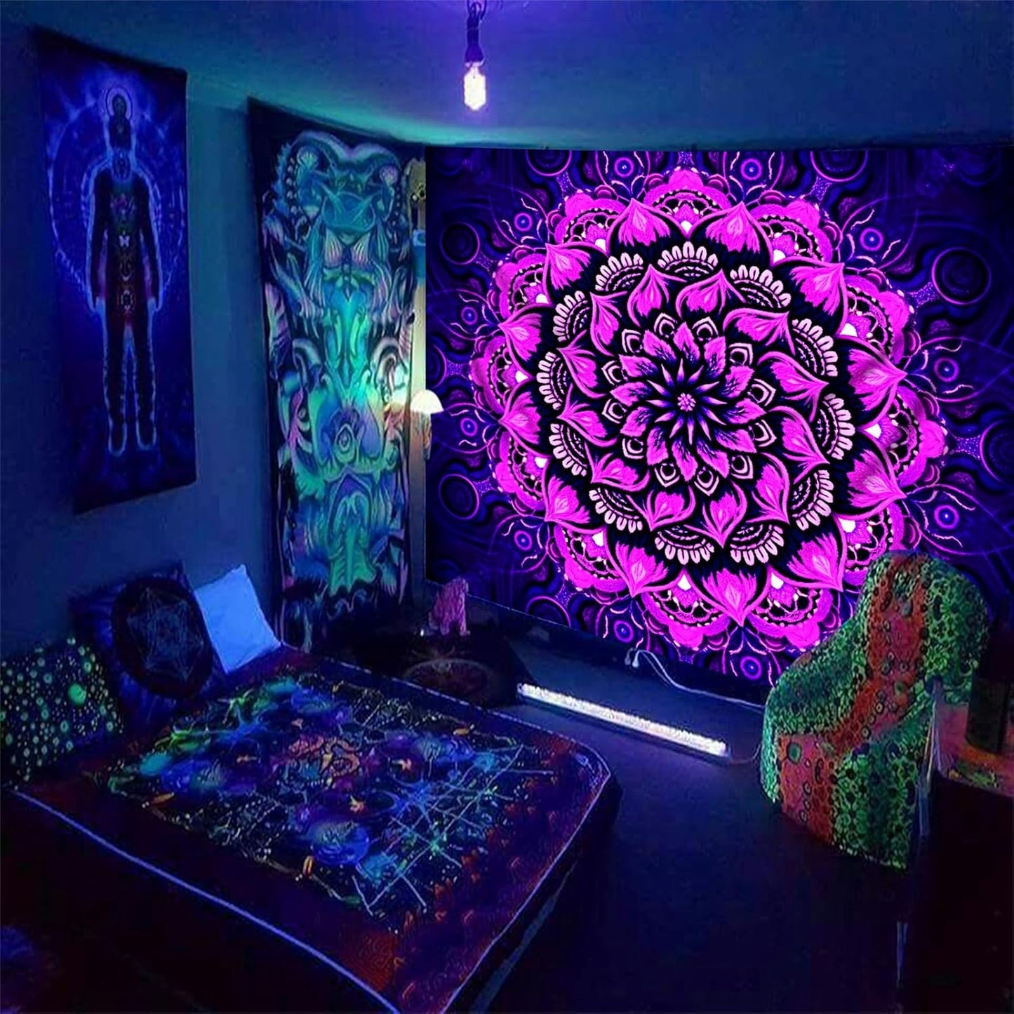 Blacklight Mandala Tapestry Wall Hanging, Psychedelic Flower Black Light Posters for Adults and Teens, UV Reactive Aesthetic Bohemian Art for Bedroom (60 x 50 Inches)