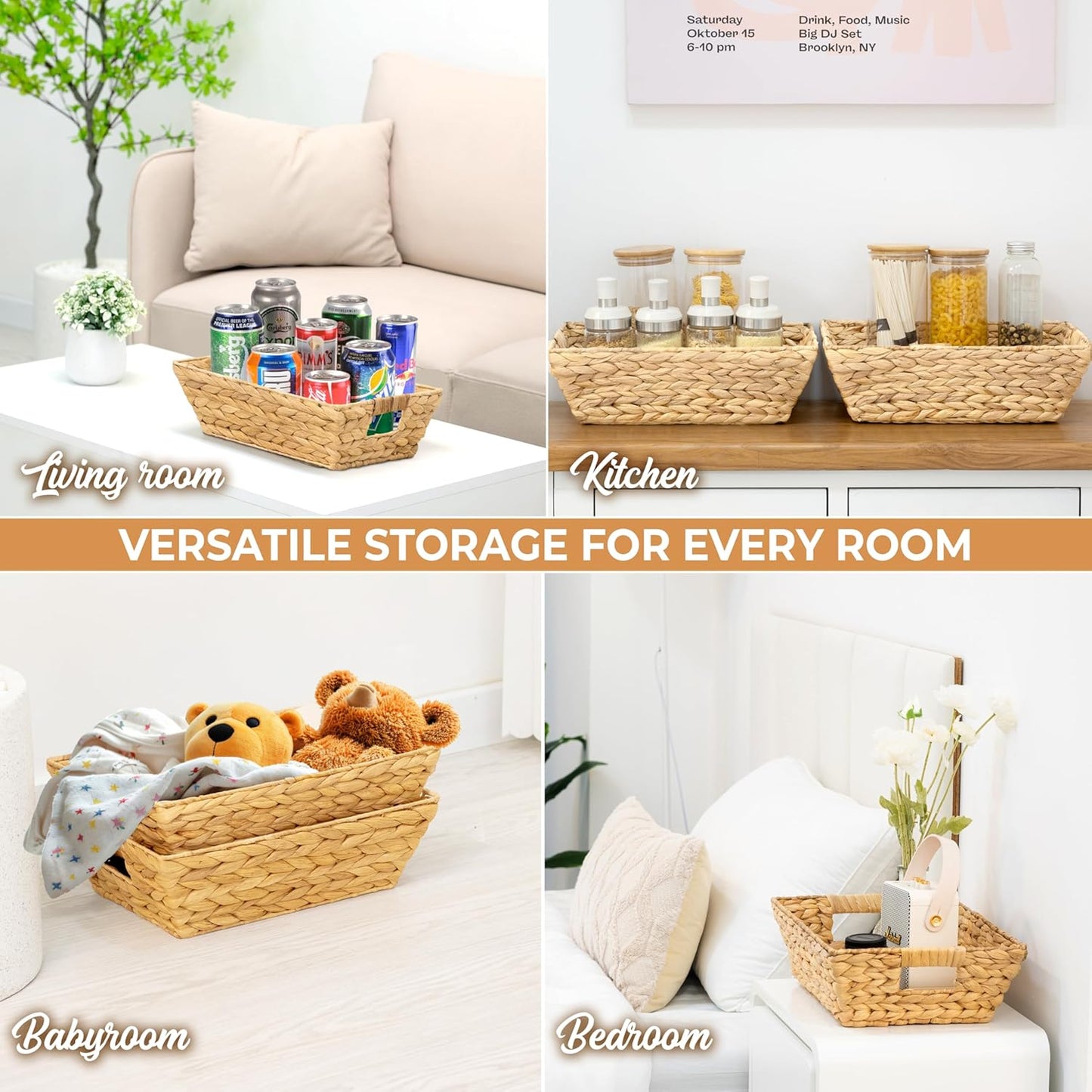 Set of 6 Snack Baskets, Wicker Snack Basket Organizer for Office, Small Wicker Baskets with Handles, (6 Medium Basket)