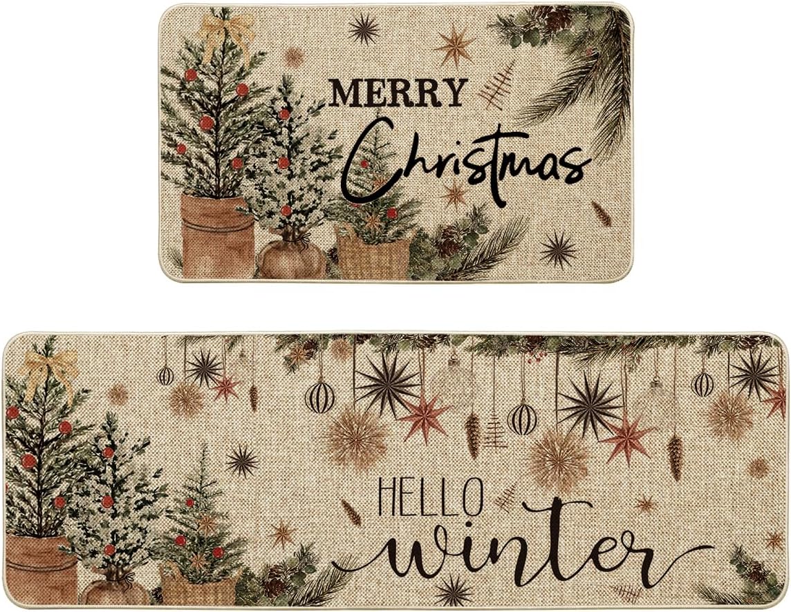 Artoid Mode Holly Ornament Merry Christmas Kitchen Mats Set of 2, Winter Home Decor Low-Profile Kitchen Rugs for Floor - 17x29 and 17x47 Inch
