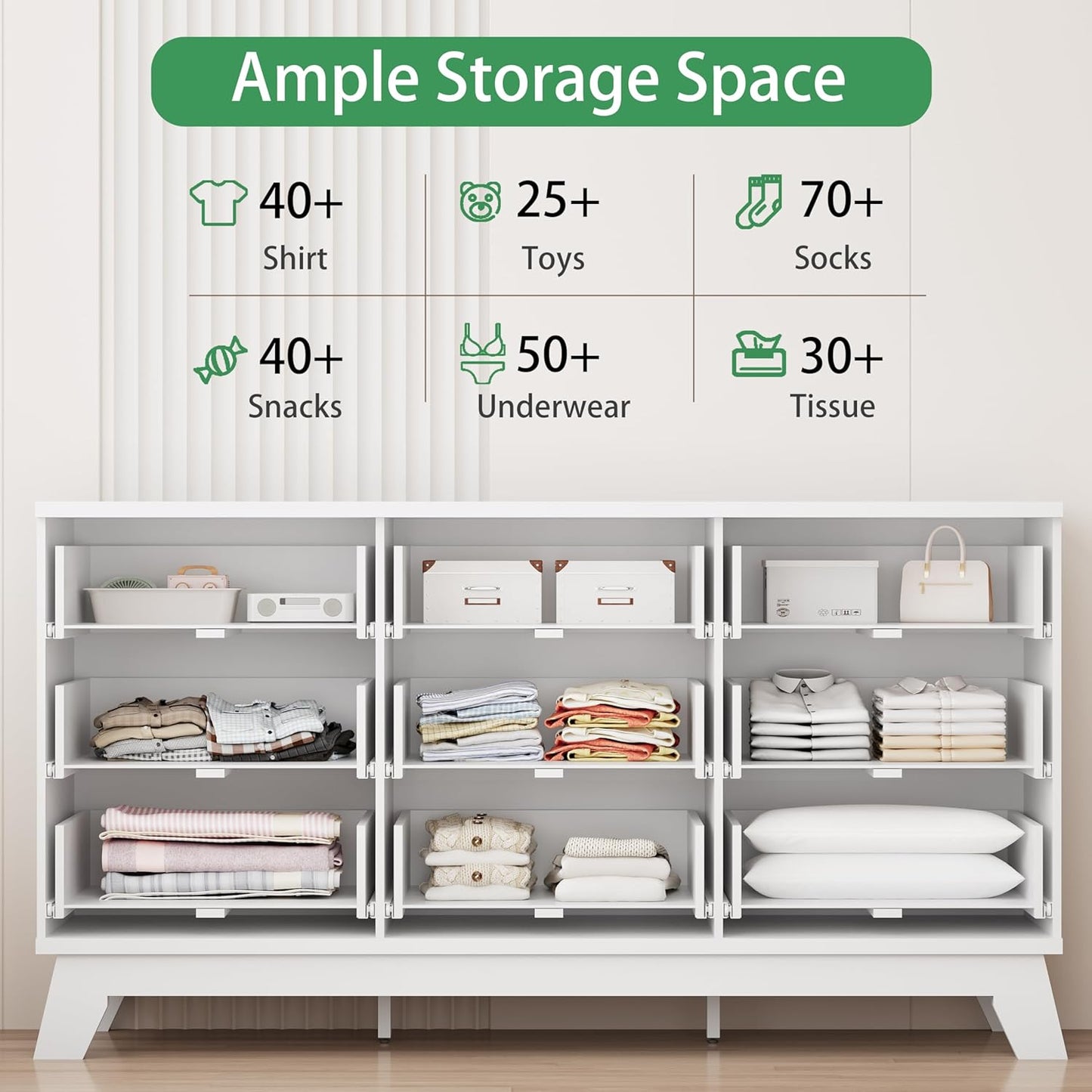 Fluted Dresser for Bedroom with 9 Drawers, 57" Wide Modern Chest of Drawers with Metal Handle, Wooden Dresser TV Stand, Wood Closet Clothes Storage Organizer for Living Room, Hallway, White