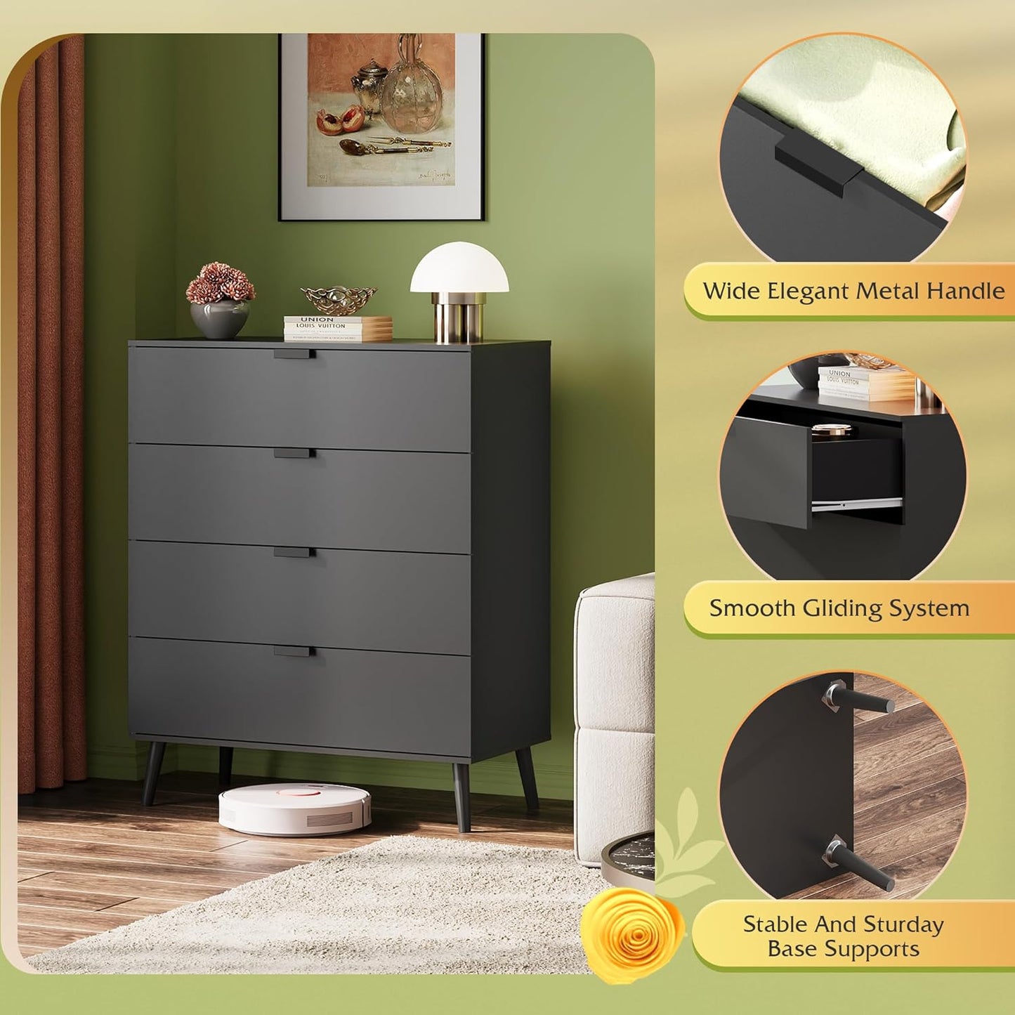 WLIVE 4 Drawer Dresser for Bedroom, Tall Wood Dresser, Modern Black Dressers with Sturdy Metal Handle, Small Chest of Drawers for Living Room, Hallway