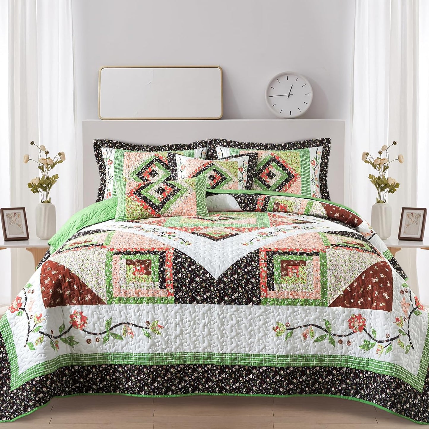 VAPUTAR Quilt King Size Bedding Set - Soft King Size Quilt Set for All Season, Lightweight Reversible Coverlet Bedspread for Farmhouse Bedroom (98 × 106 Inch), Green