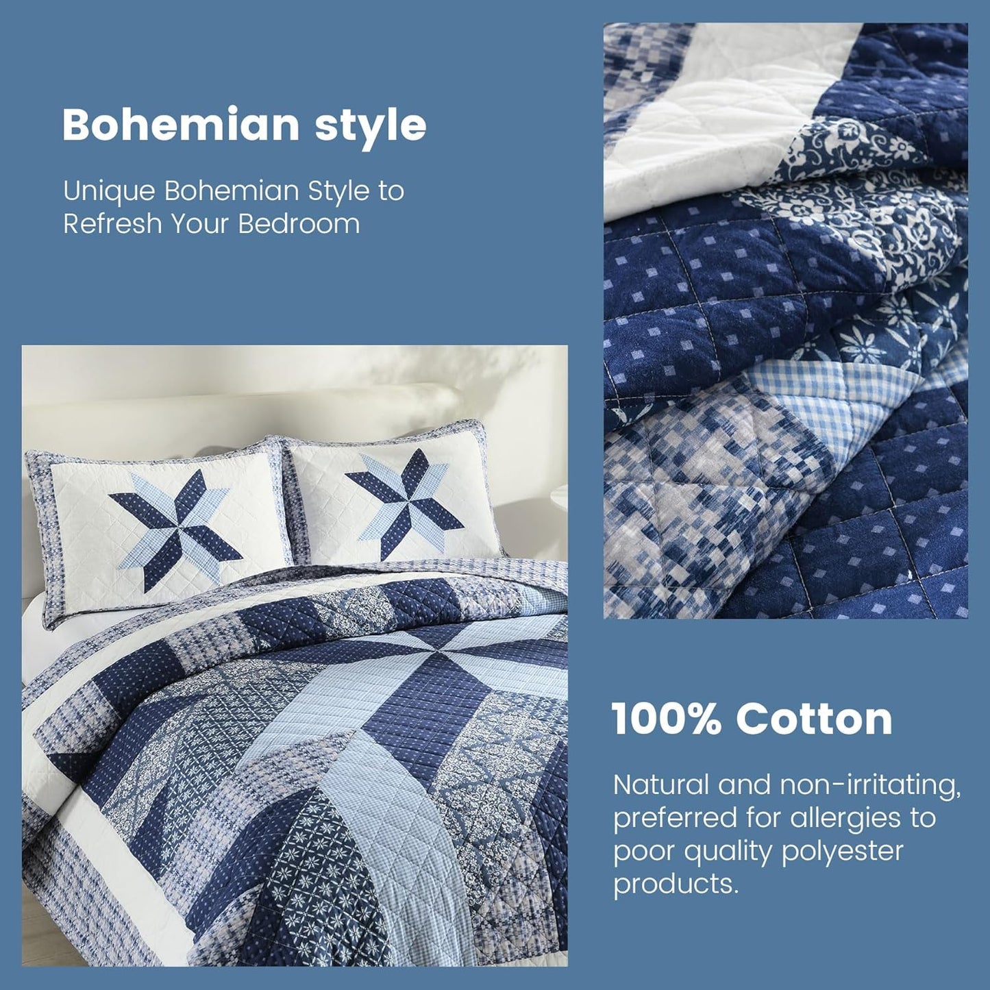 Secgo Handmade Quilted 100% Cotton Queen Comforter Set for Bed - 100% Cotton Quilts Queen Size, Black Bedspreads (90 * 98 Inch) with 2 Pillow Shams, Patchwork Reversible Lightweight Bedding