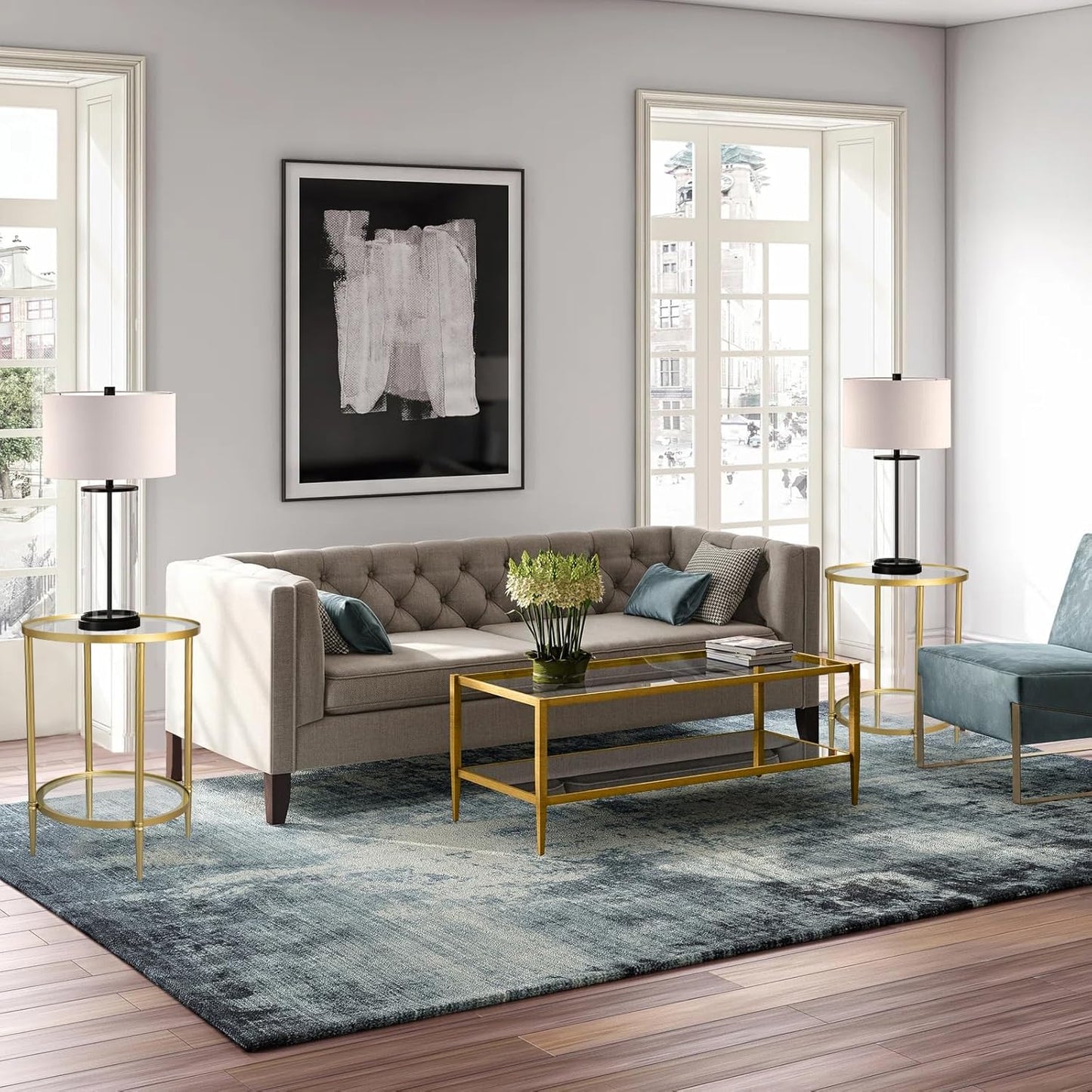 2 Tier Round Side Table, Gold End Table with Glass Top, Modern Metal Clear Coffee Tables, Small Accent Tables for Living Room, Bedroom, 18" x 18"