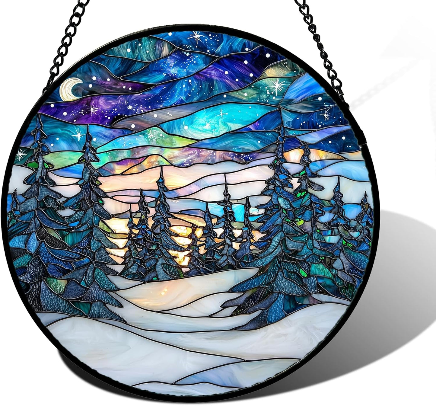 Stained Glass Window Hanging, Starry Sky Trees and Snow Sun Catchers Glass Panel Blue Suncatcher Decor for Birthday for Women, Men, Wife, Aunt, and Mom 11.8x11.8 in
