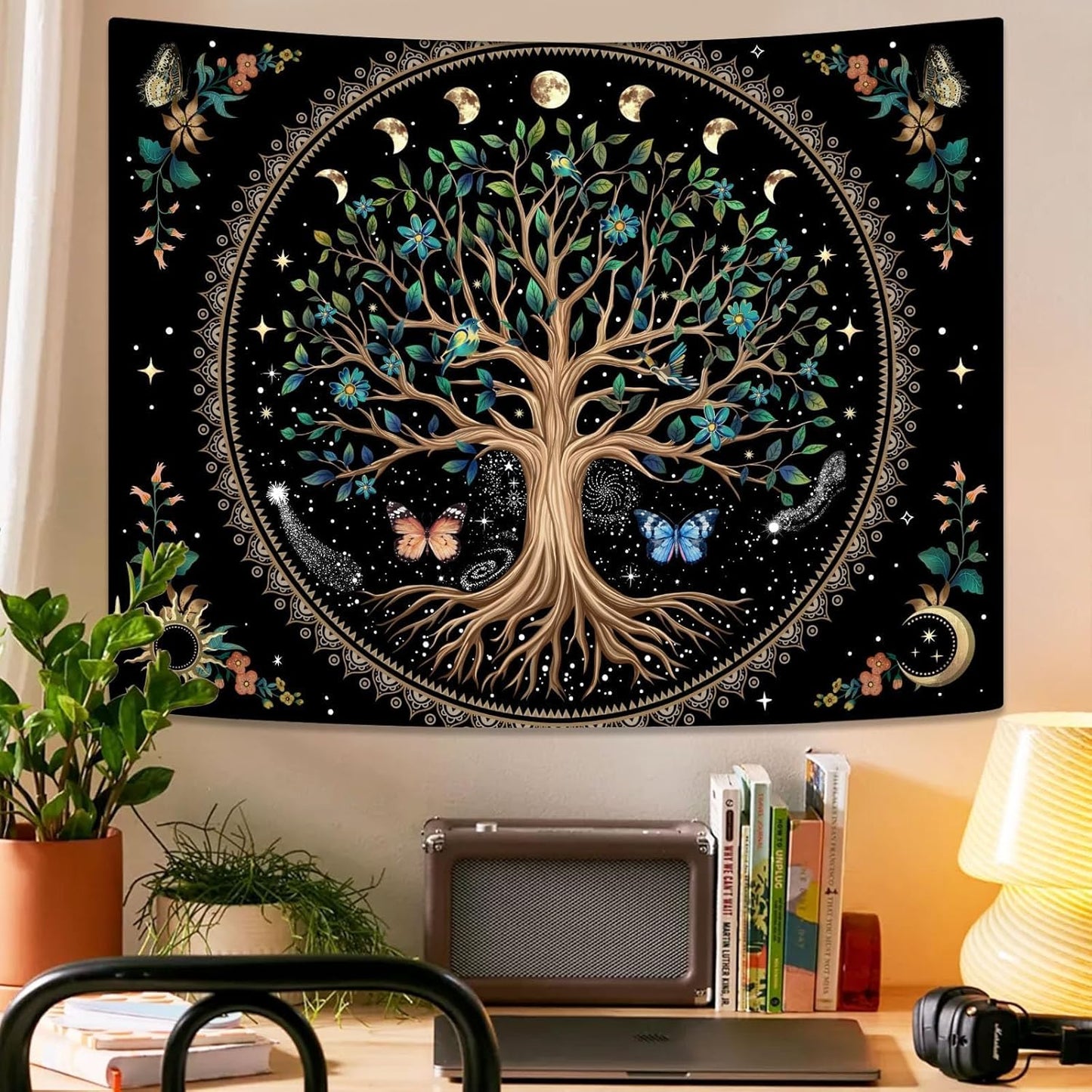 Lunerfex Tree of Life Tapastry Sun and Moon Tapastry Flower Boho Tree Mandala Wall Hanging for Bedroom and Living Room Decor Green Tree 44×60 Inches