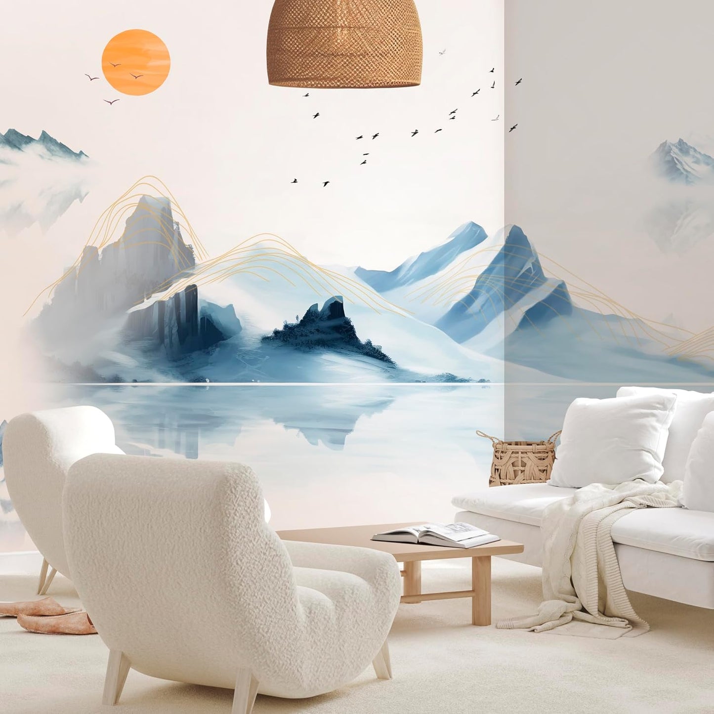 artgeist Wall Mural Mountains 216x98 in - XXL Non-Woven Corner Wallpaper Fleece Angle Wall Decor Photo Print Picture Mountains Lake Birds Landscape c-C-10113-a-a