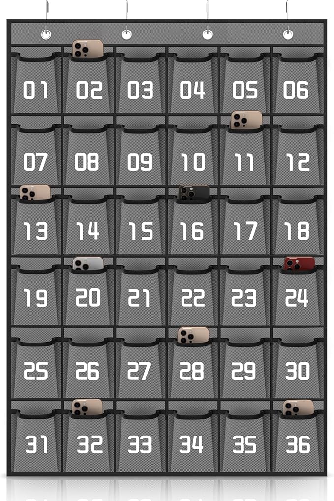 Loghot Classroom Accessories Closet Pocket Chart for Cell Phones Holder Wall Door Hanging Organizer (36 Pockets Gray)