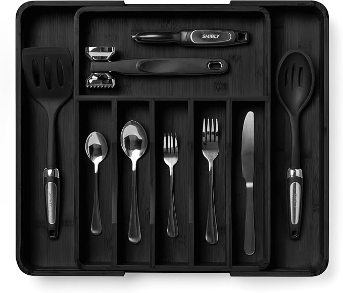 SMIRLY Silverware Drawer Organizer – Bamboo Kitchen Drawer Organizer, Adjustable Utensil Holder and Cutlery Tray, Drawer Dividers for Flatware and Kitchen Utensils