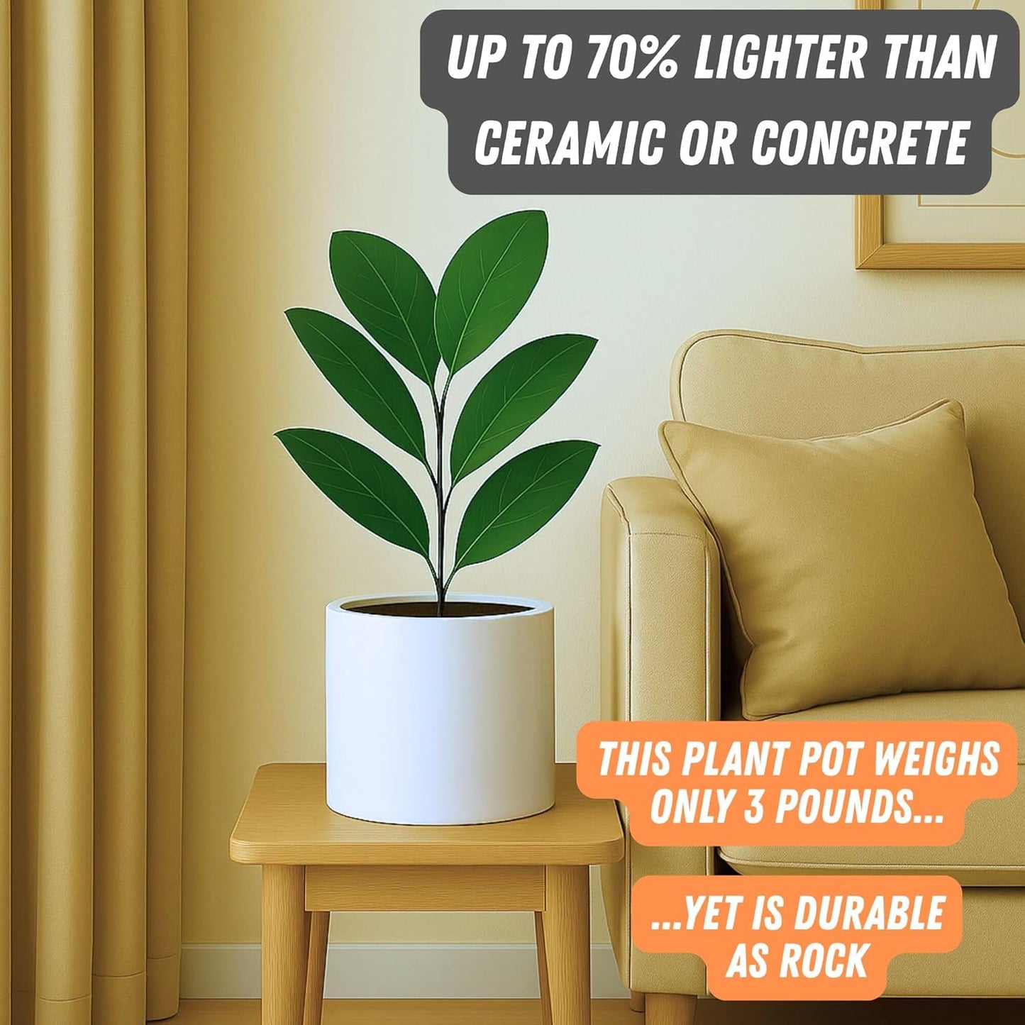 Fox & Fern 8 Inch Plant Pot with Drainage Plug — Premium Lightweight Fiberstone Glossy White Planter; Indoor & Outdoor Planter; 8 Inch Pots for Plants; Weather Resistant & UV Resistant