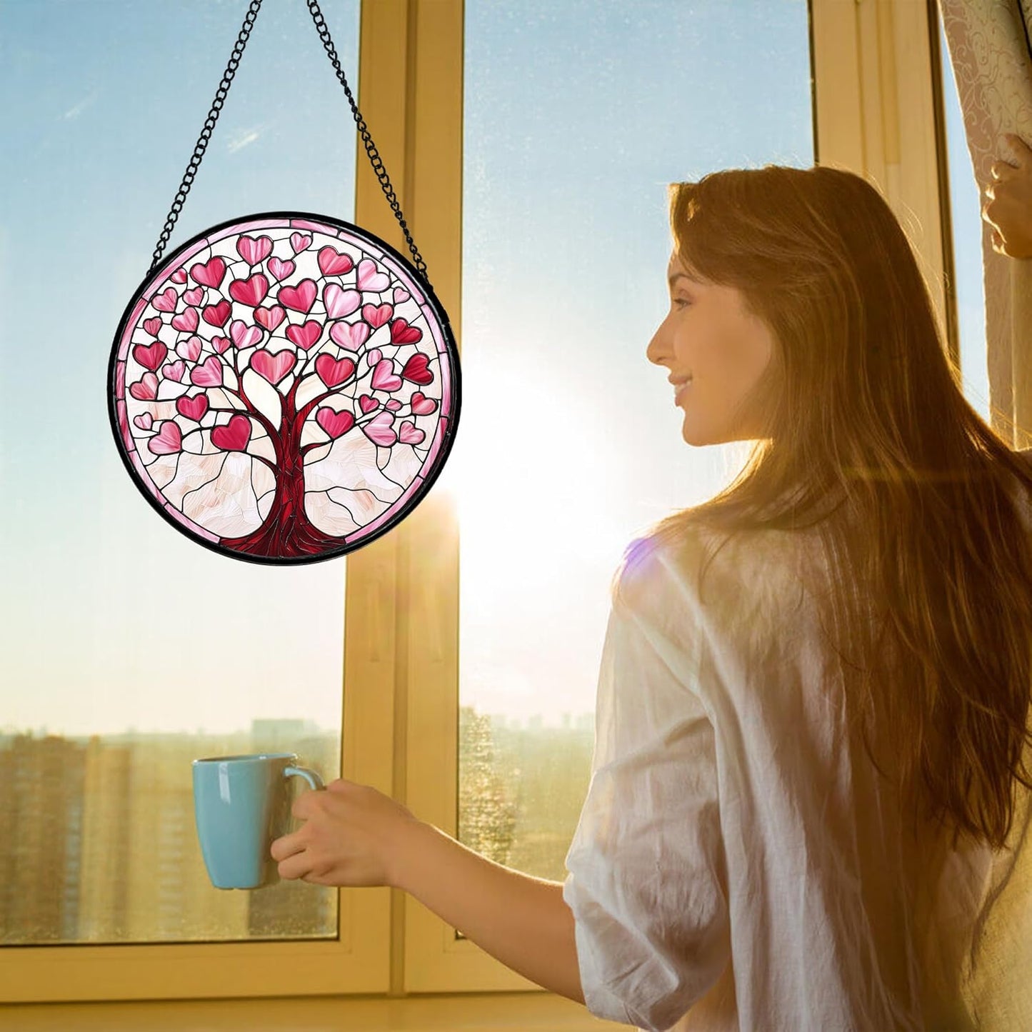 Stained Glass Window Hanging, Valentine's Day Gifts Pink Love Heart Tree Suncatcher Hangings Beige Sun Catchers Decor for Birthday for Women, Men, Wife, Aunt, Mom 6.3 in