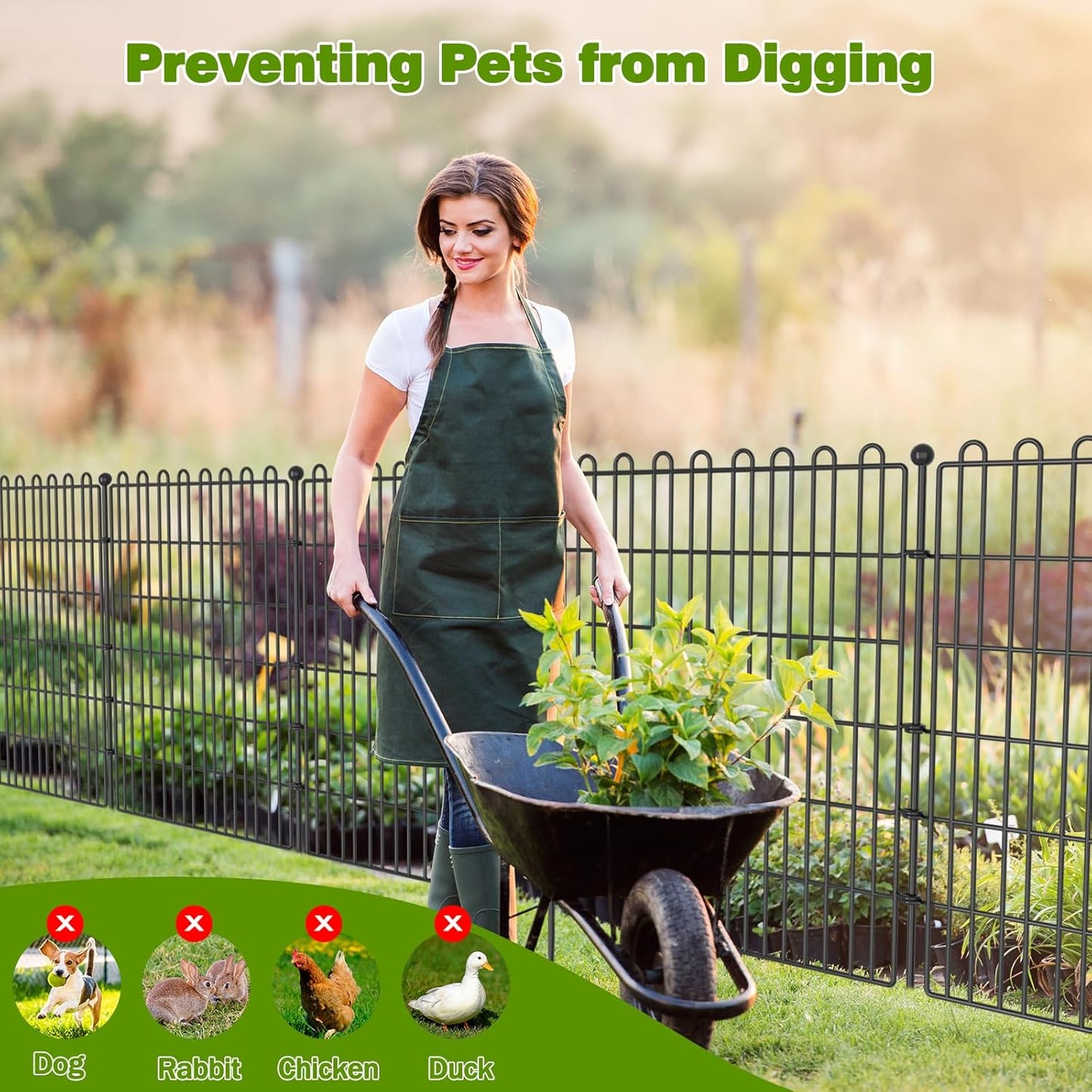 5 Panels No Dig Decorative Garden Fence for Yard, 24 in(H) X 10 ft(L) Animal Barrier Fencing for Outdoor Dog, Metal Portable Garden Fences for Borders, Pets, Landscape, Temporary Fence