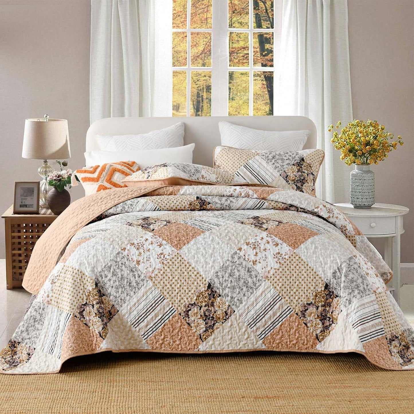 Dobuyly Fall Quilt Queen Size Set, Beige and Brown Floral Plaid Patchwork Bedspread Reversible Coverlet Set 3 Pieces, Soft Lightweight Microfiber Bedding Set for All Season, 96"x90"