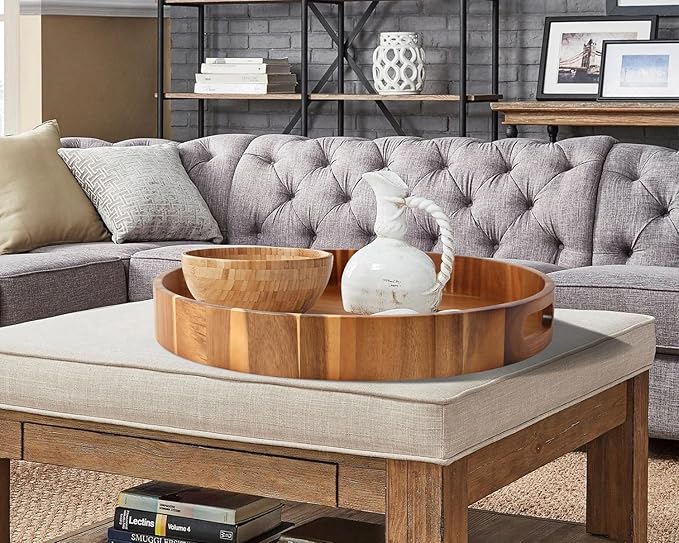 Extra Large Round Serving Tray, 20INCH, Heavy Duty Acacia Wood Trays for Big Ottoman Coffee Table Counter Giant Decorative Organizer Tray, Huge Kitchen Serveware Cheese Board Charcuterie Tray