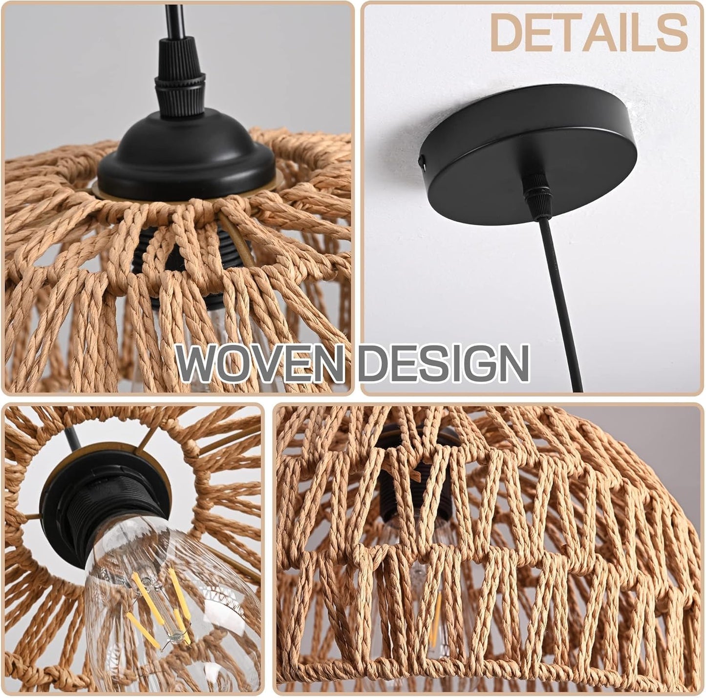 Hemp Rope Woven Pendant Light Woven Light Fixture Boho Chandelier Light Fixture Wicker Pendant Lights Rattan Lights Pendant Dome Wicker Chandelier for Dining Room Kitchen Island(Bulb Incl.