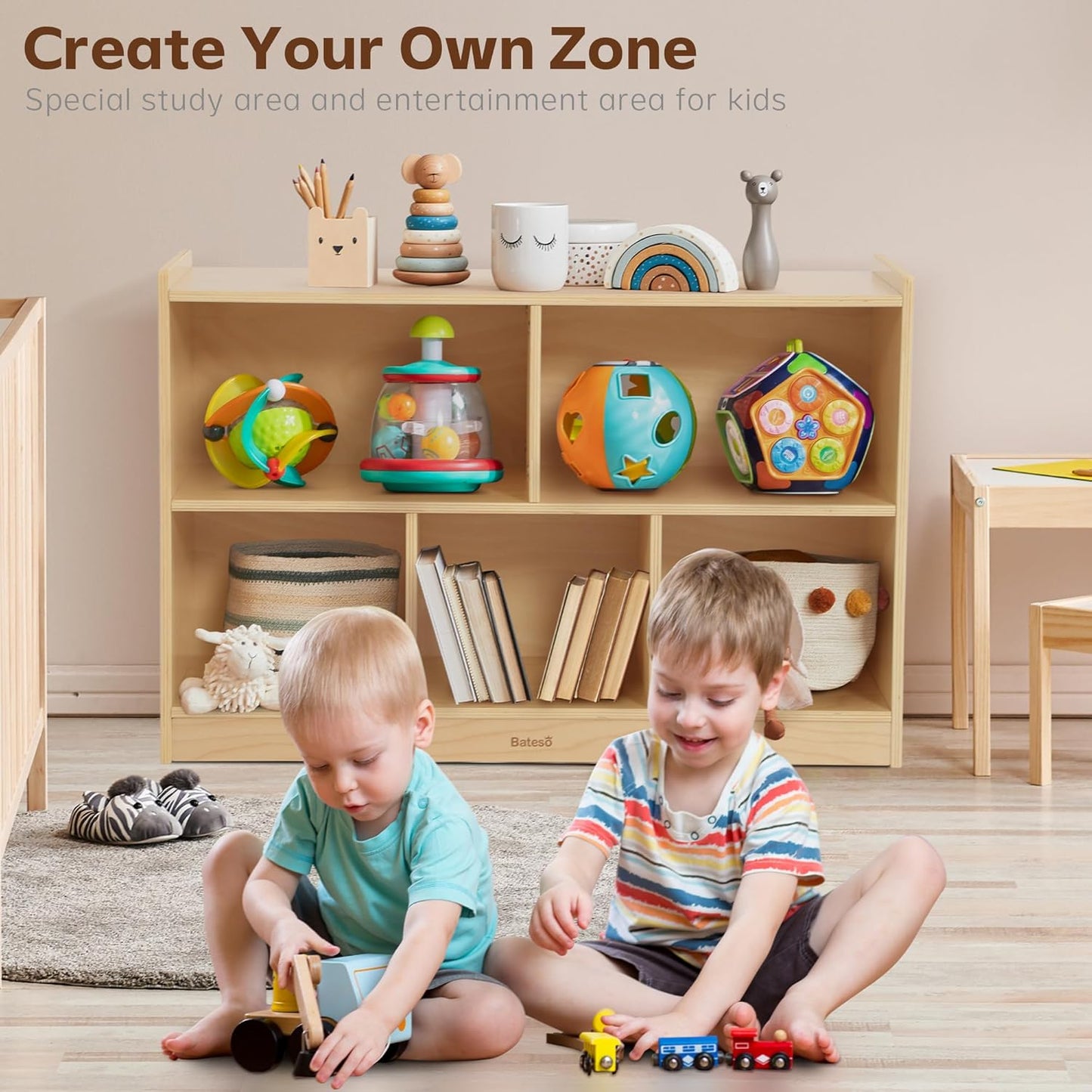 Toy Storage Organizer for Kids Room, Wooden Kids Bookshelf for Classroom, Cube Storage Organizer for Playroom, 5-Section Montessori Bookshelf & Toy Shelf for Nursery