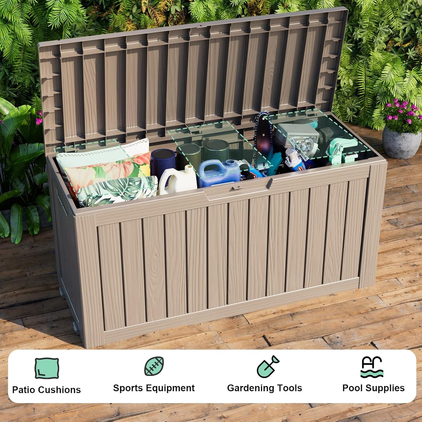 75 Gallon Resin Deck Box, Lockable Outdoor Storage Box for Patio Cushions Storage Furniture,Garden Tools, Pool Supplies, Weatherproof and UV Resistant (Grey)